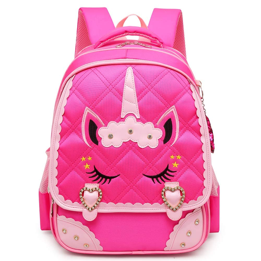 MoonmoCute Unicorn Face Diamond Sequins Waterproof Princess School Backpack Set Girls Book Bag