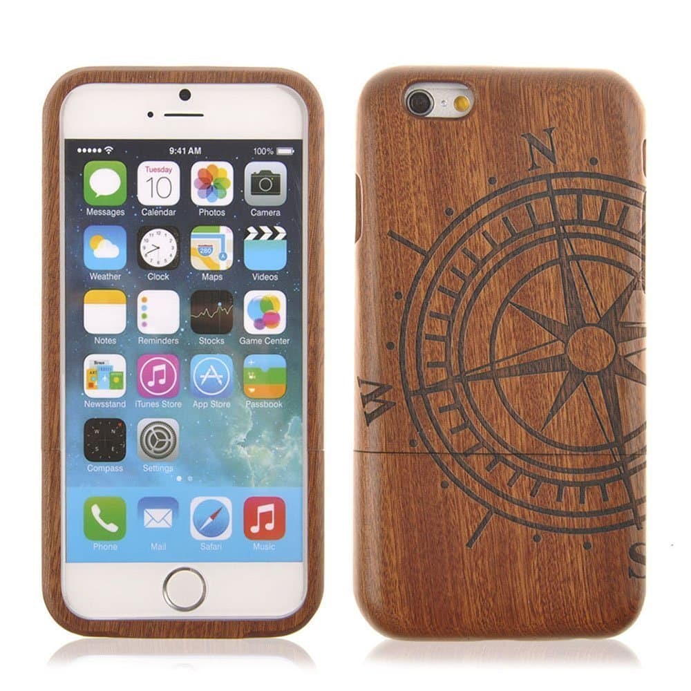 iPhone 6 Wood Case, Handmade [Fine Finish] Compass Real Natural Sapele Wood Case Wooden Cover Protective Skin Hard Phone Back Shell for Apple iPhone 6 4.7 Inch