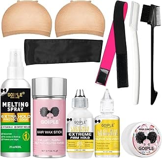 Goiple Wig Accessory Essentials Kit Lace Front Wig Glue & Remover, Wig Caps, Elastic Band, Hair Wax Stick, Edge Control, Edge Brush, Hair Shear Dermaplanning Razor Tool and Edge Scarf - 10PCS