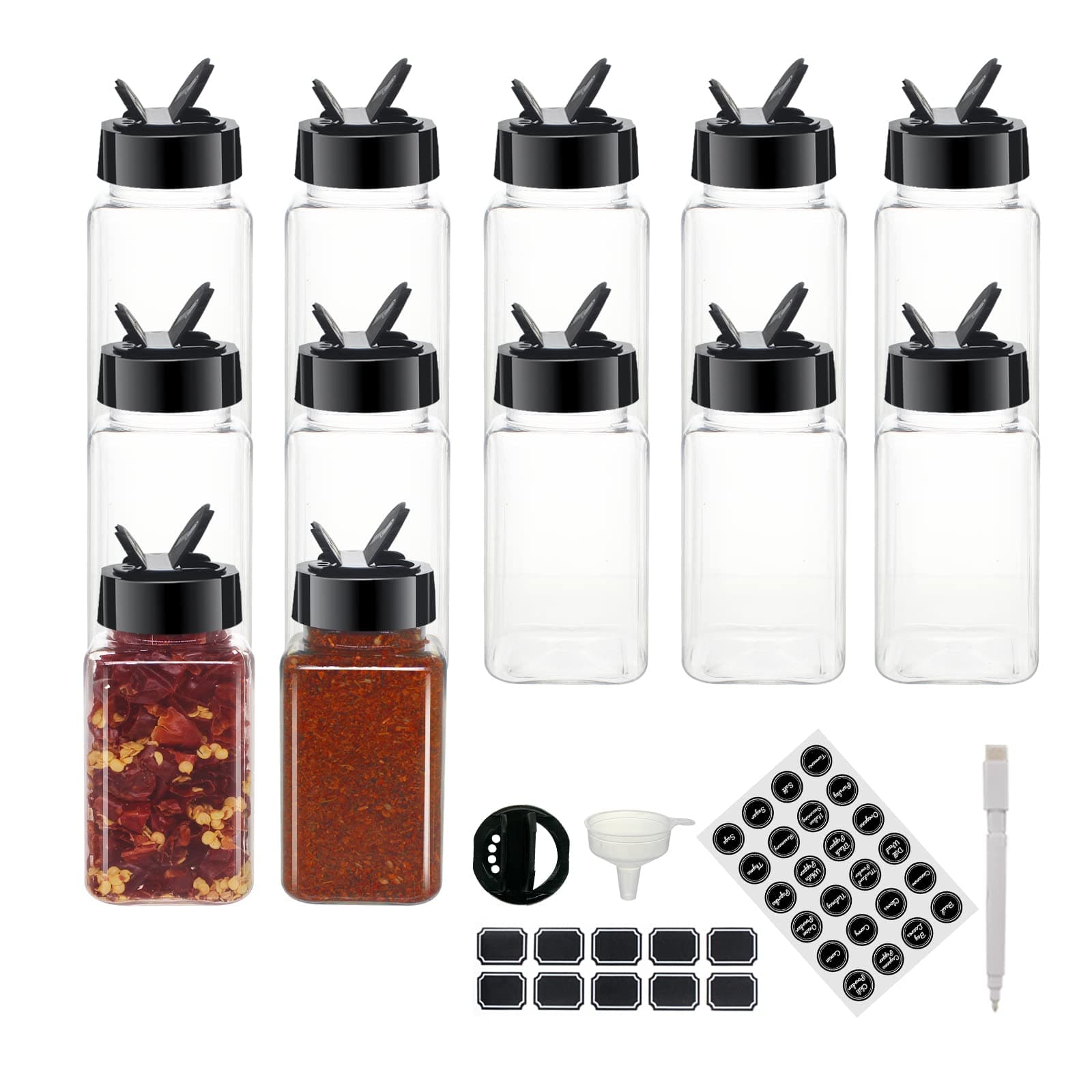 BPFY 12 Pack 4oz Clear Plastic Spice Jars With Black Plastic Lids, Square Spice Bottles, Seasoning Containers with Chalk Labels, Pen, Funnel, Spice Containers For Kitchen Cabinet
