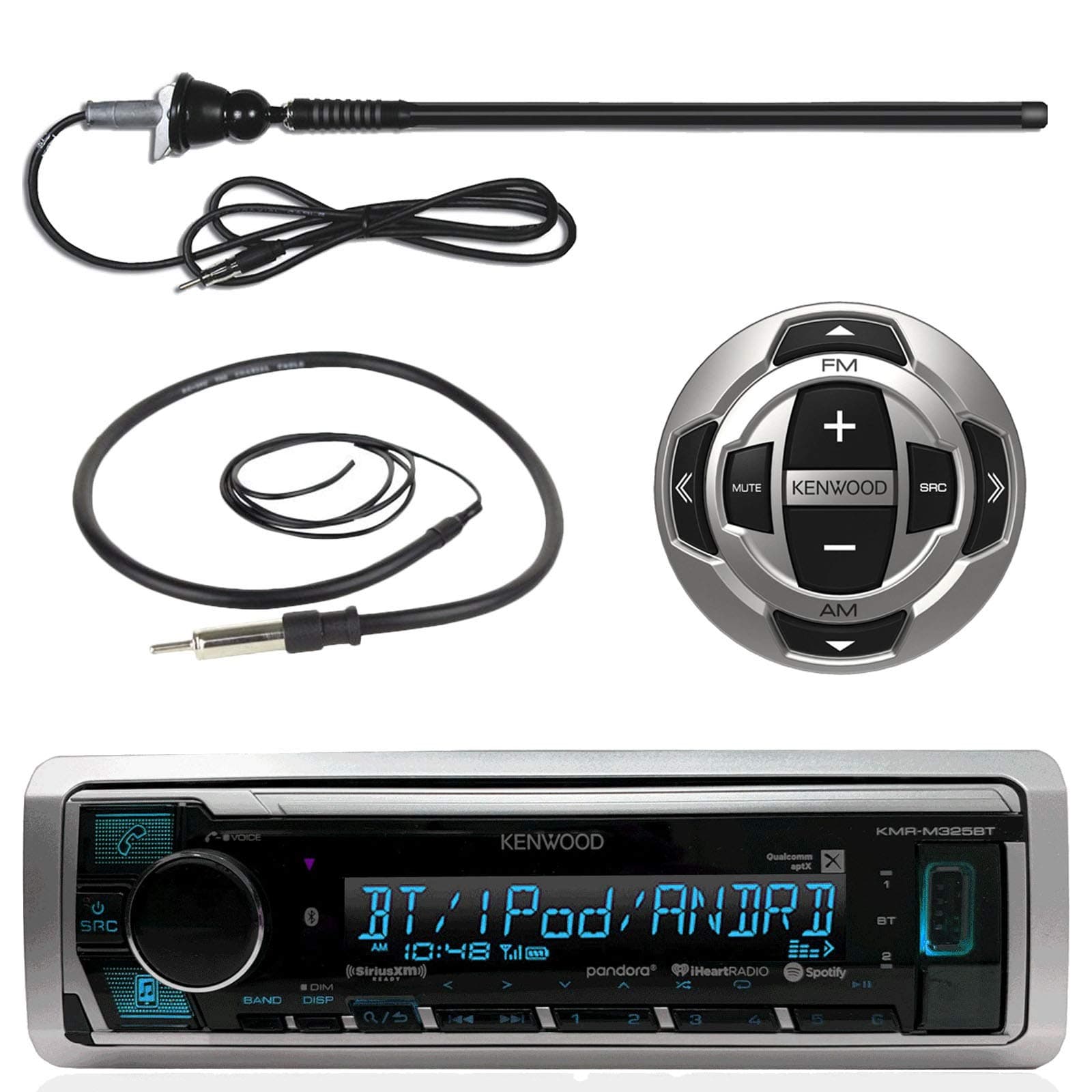 Kenwood Single DIN Marine Digital Media Bluetooth Receiver Bundle with Wired Remote, Enrock AM/FM Antenna (Black), Wired Antenna - 40"