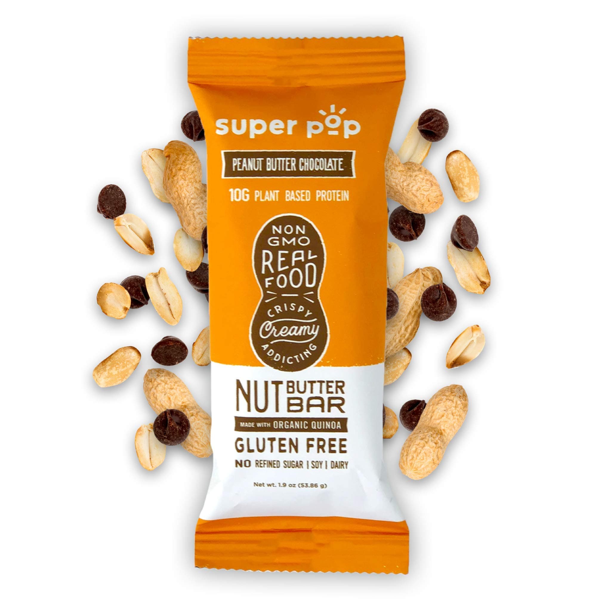 Super Pop SnacksClean Plant Based Protein Bars, ​Peanut Butter Bars with Organic Whole Foods, ​Low Sugar, No Sugar Alcohols, Gluten Free, Dairy Free, 10g Protein, Peanut Butter Chocolate (12 pack)