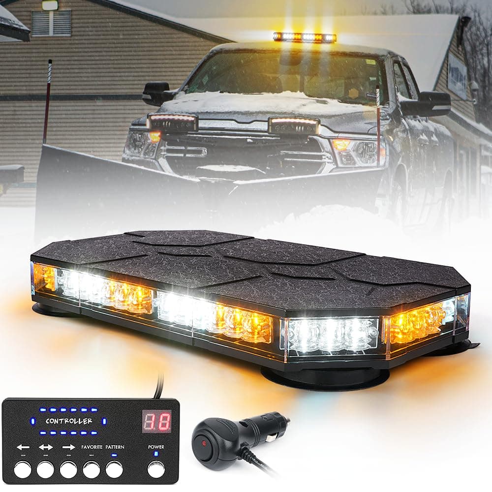 LUMENIX LED Rooftop Strobe Beacon Lights Bar w/Controller Magnetic Emergency Traffic Warning Flashing Plow Light for Construction Vehicles Trucks Snowplow Postal Mail Cars -White Amber (Patent Design)