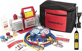 AUTO AC Repair Complete Tool Kit - 1-Stage 3.5 CFM Vacuum Pump, HVAC Manifold Gauge Set, Hoses, and Freon Leak Detector, Ideal for Automotive, Mini Split, and Refrigeration App (KZTA350F+)