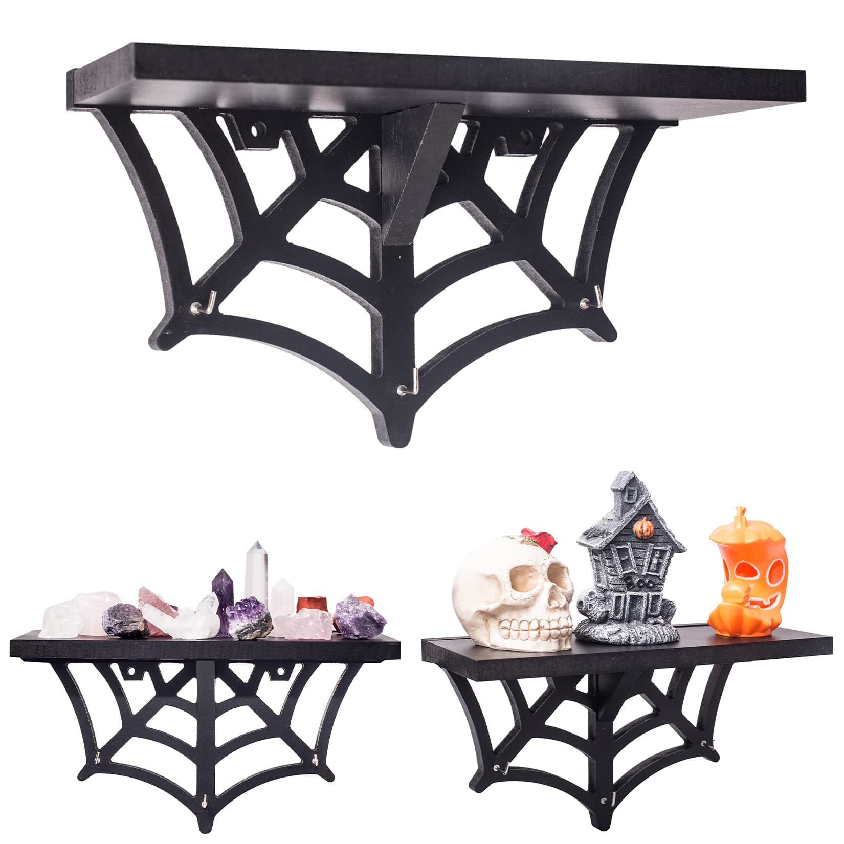 Spider Web Floating Shelf - Gothic Halloween Hanging Shelf with Hooks for Wall Oddities and Curiosities - Black Spooky Goth Wall Decor for Kitchen and Home - Crystal Display Shelf for Stones