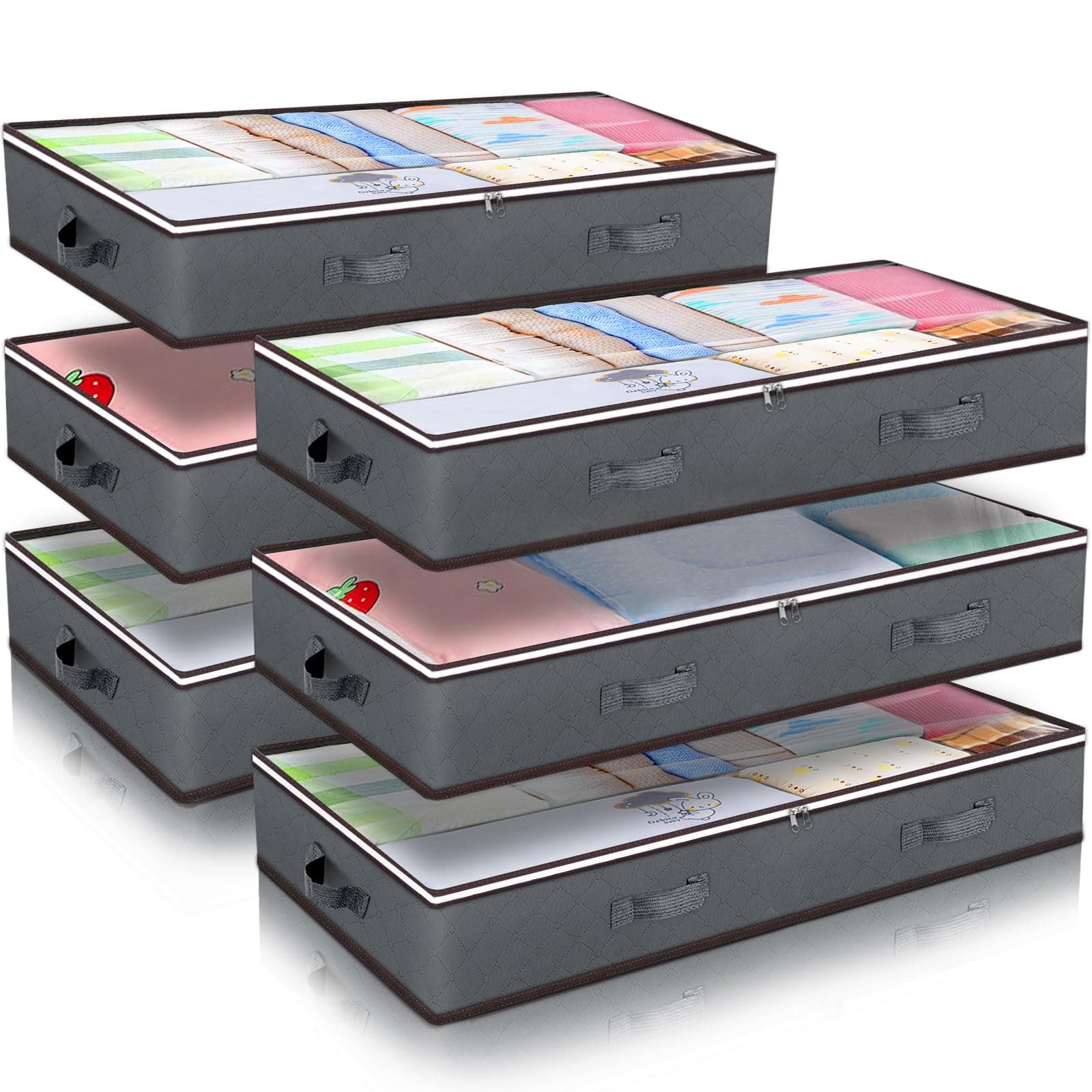 Budding Joy 6 Pack Underbed Storage, 90L Large Under Bed Storage Box with Lid, Clothes Storage Bags with Clear Window and Reinforced Handles for Blanket, Clothes, Comforters, Grey