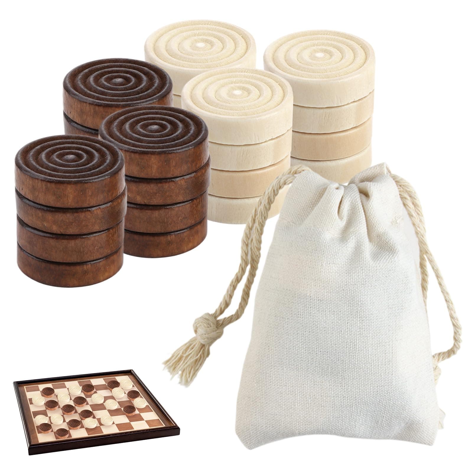 Checkers Draughts Set, 24 Pcs Draughts Pieces with Drawstring Bag Natural Wooden Checker Drafts Pieces Replacement Stackable Classic Backgammon Chess for Children's Day Kids Adults Learning Board Game