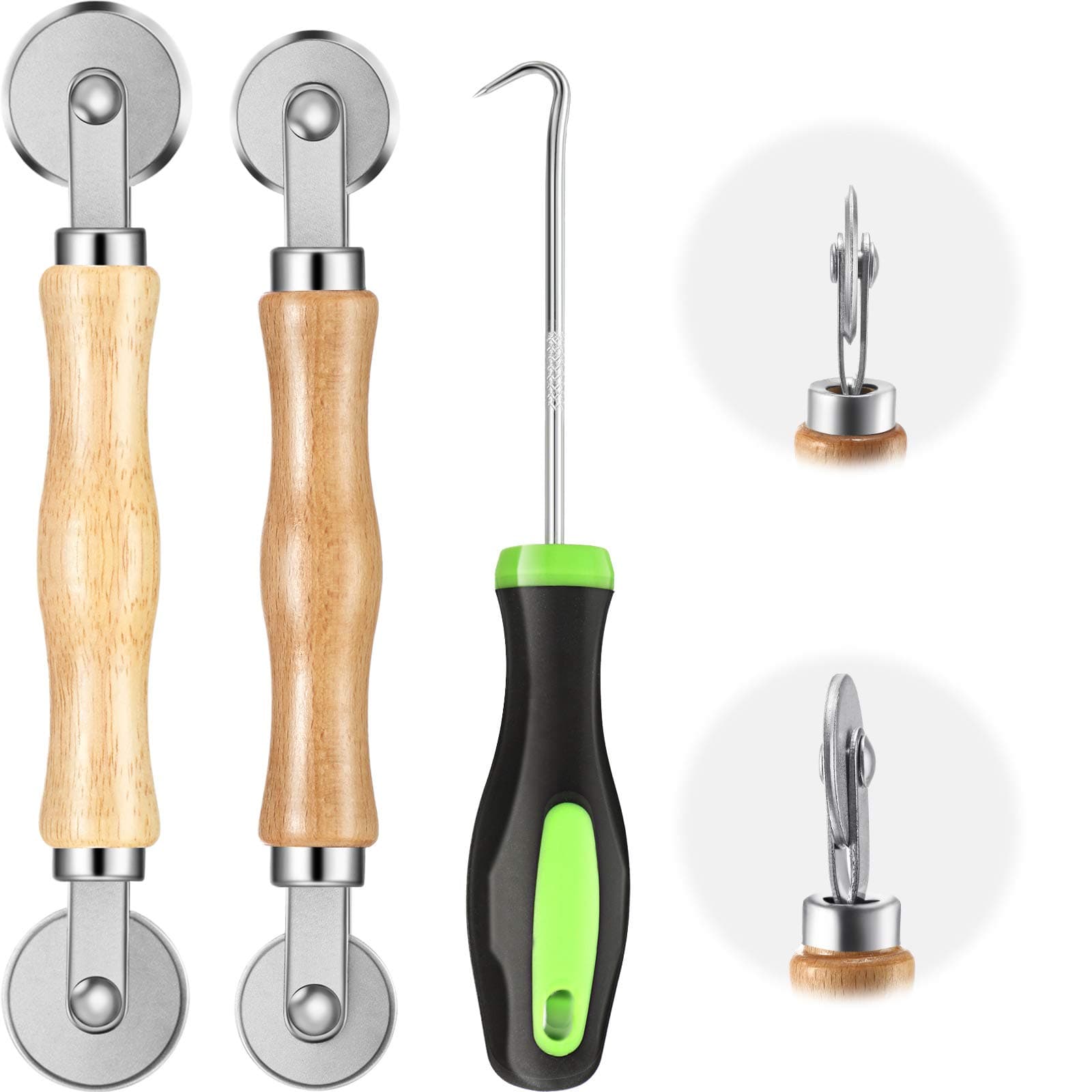 3 Pieces Rolling Screen Tool Set Screen Tools Set for Installing Door Including 1.3 Inches and 1.6 Inches Diameter Steel Wheels Spline Roller with Wood Handle and Puller Hook for Home Security