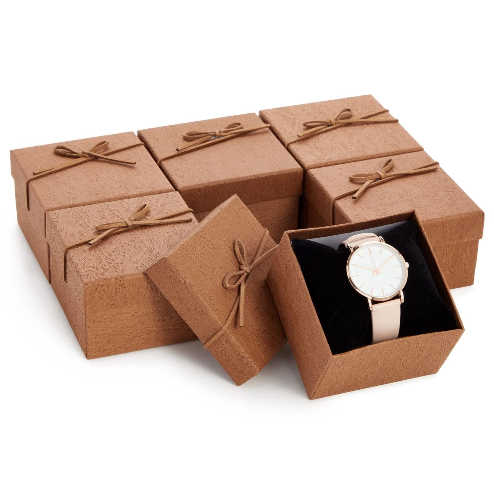 Juvale Bracelet Gift Box 6-Pack - 3.5 x 3.5 x 2.3 in, Brown Country-Rustic Cardboard - Velvet Pillow & Faux Leather Bow Lid - Tiny Jewelry Gift Boxes & Watch Packaging
