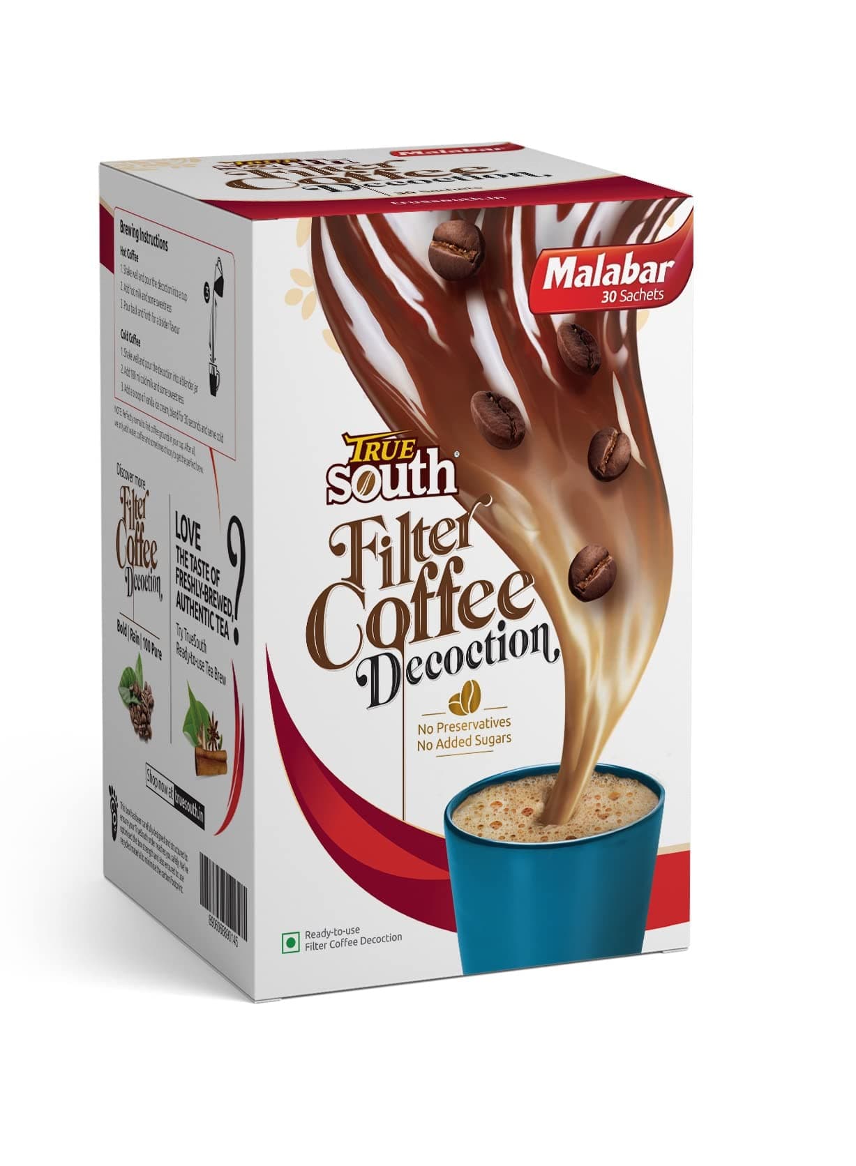 TrueSouth Malabar| Ready-to-use Filter Coffee Decoction | 30 Single Serve sachets | Authentic Taste, Value and Convenience