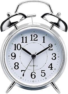 AERYS Retro Twin Bell Table Clock, Metal Frame Alarm Clock with Night Backlight, Silent Movement, High Volume for Heavy Sleeper Alarm for Home, Office, Bedroom, Living Room (Silver Clock)