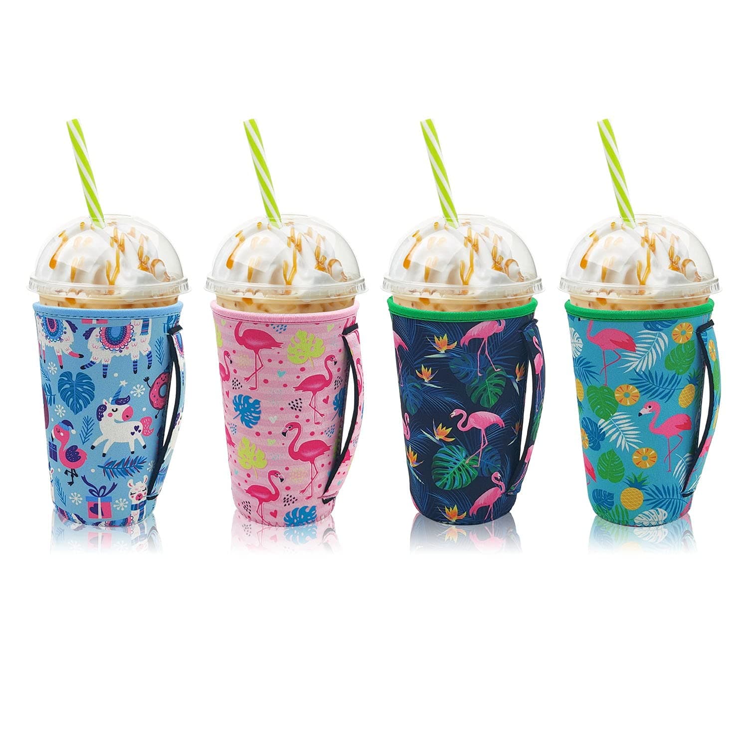 4Pack Reusable Iced Coffee Sleeve Insulator Sleeves for Cold Drinks Beverages, Neoprene Cup Sleeve With Handle for Most Coffee, Fits 30-32oz Large Cups (Flamingo with handle)
