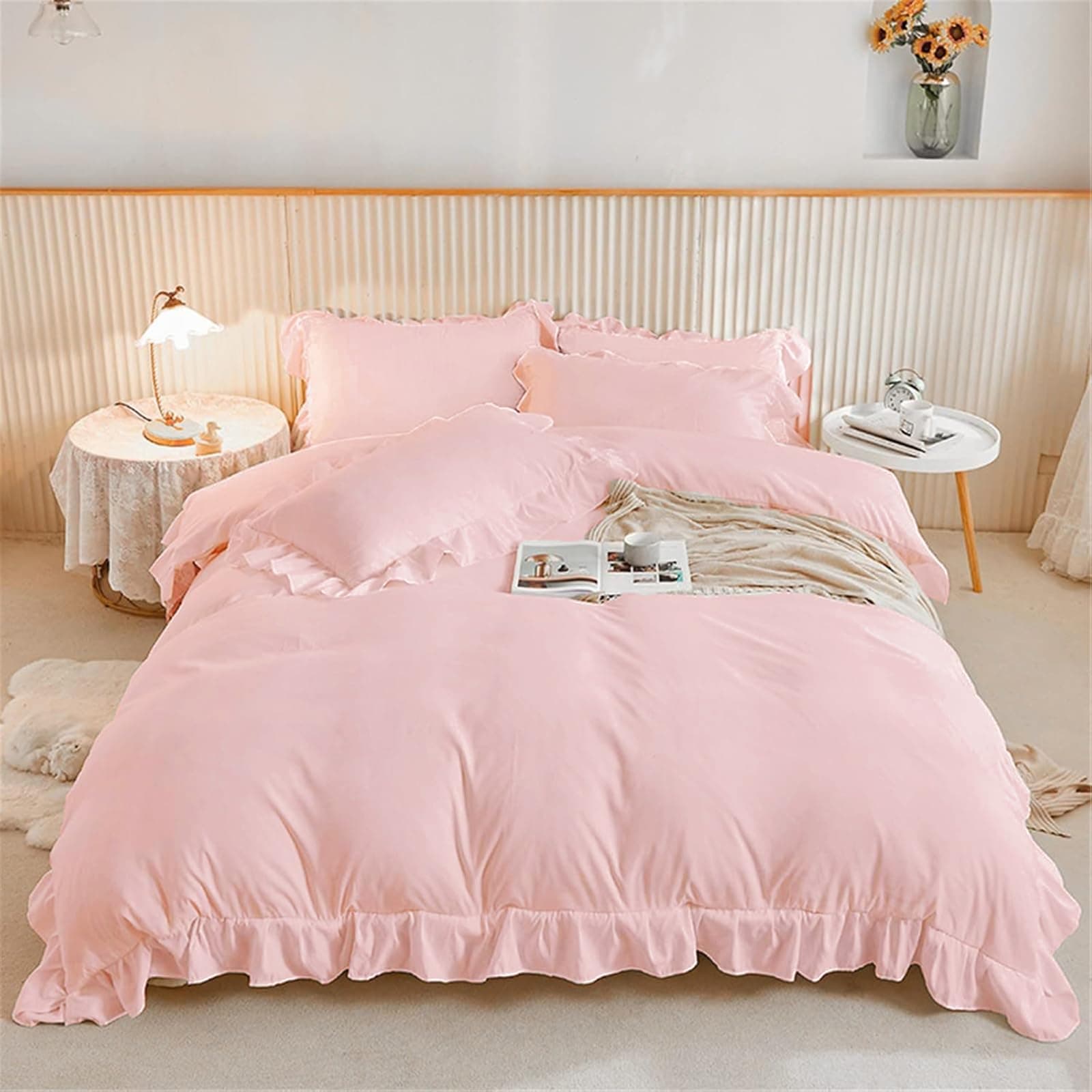 3 Pieces Pink Ruffle Bedding Set with 2 Pillowcase Frills Duvet Cover with Zipper Closure Soft Microfiber Duvet Cover Set King 220x230 cm