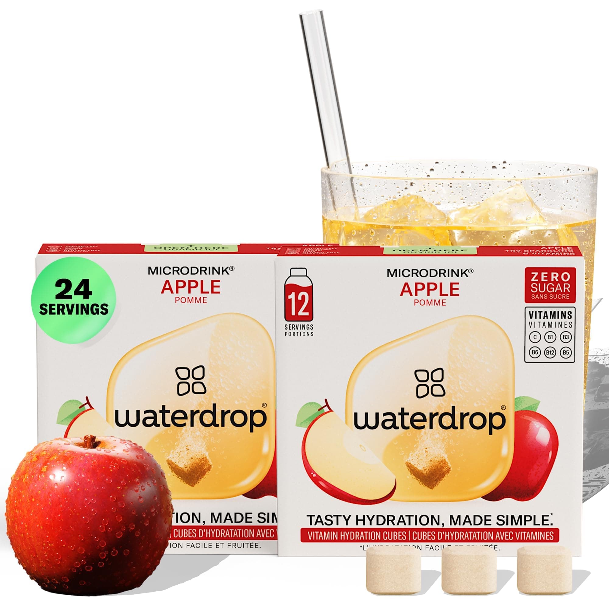 Waterdrop Hydration Cubes with Vitamin C, B3, B5 & Electrolytes, Apple Flavor, Flavored Water Enhancer Electrolyte Cubes for Still & Sparkling Water, Sugar Free, Low Calorie, On the Go, Vegan, 24 Ct
