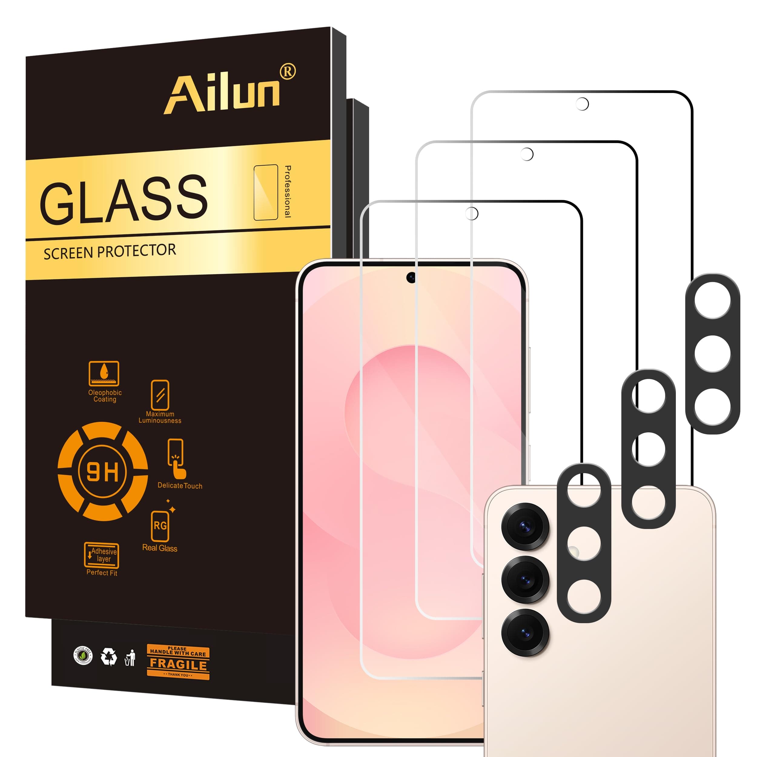 Ailun Glass Screen Protector for Galaxy S25 3 Pack + 3 Pack Camera Lens Tempered Glass Fingerprint Unlock Compatible 0.25mm Anti-Scratch Case Friendly Clear - HD