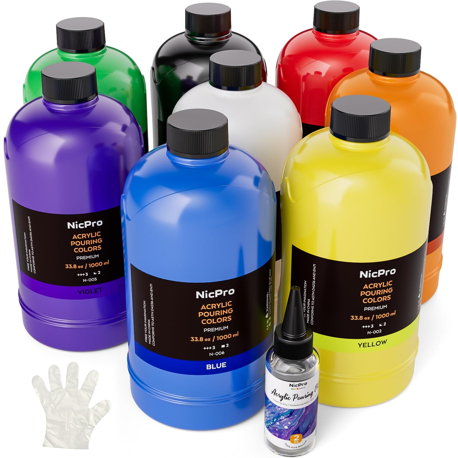 8 Colors Large Bulk Acrylic Pour Paint Set (33.8 oz, 1000 ml) Premixed High Flow Art Pouring Paint Supplies Kit with Silicone Pour Oil, Gloves for Beginner Cell Creation Flow DIY, Ready to Pour