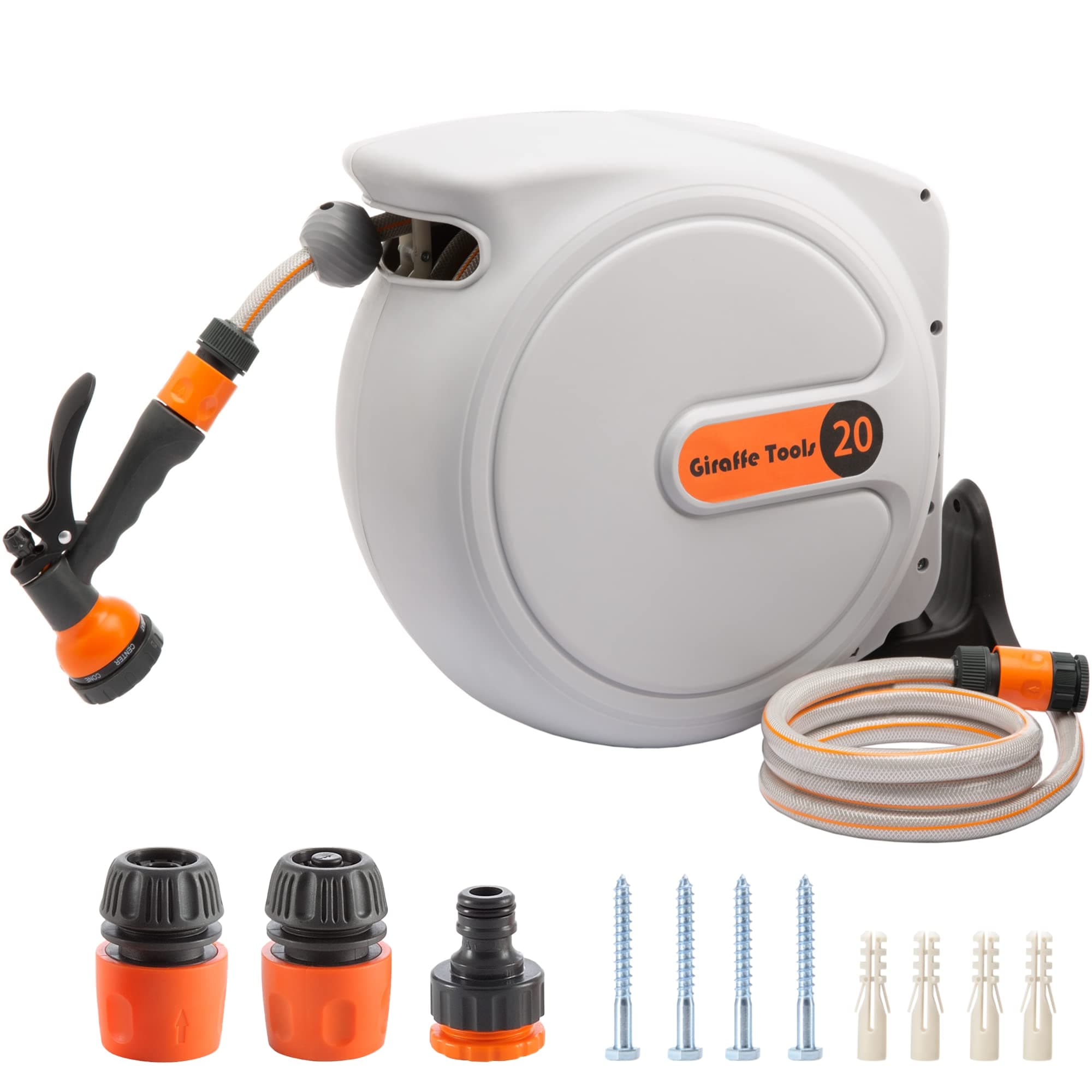 Wall Mounted Hose Reel 20+2m, Hose Pipe Reel Automatic Rewind with 7 in 1 Spray Gun and Swivel Bracket for Garden