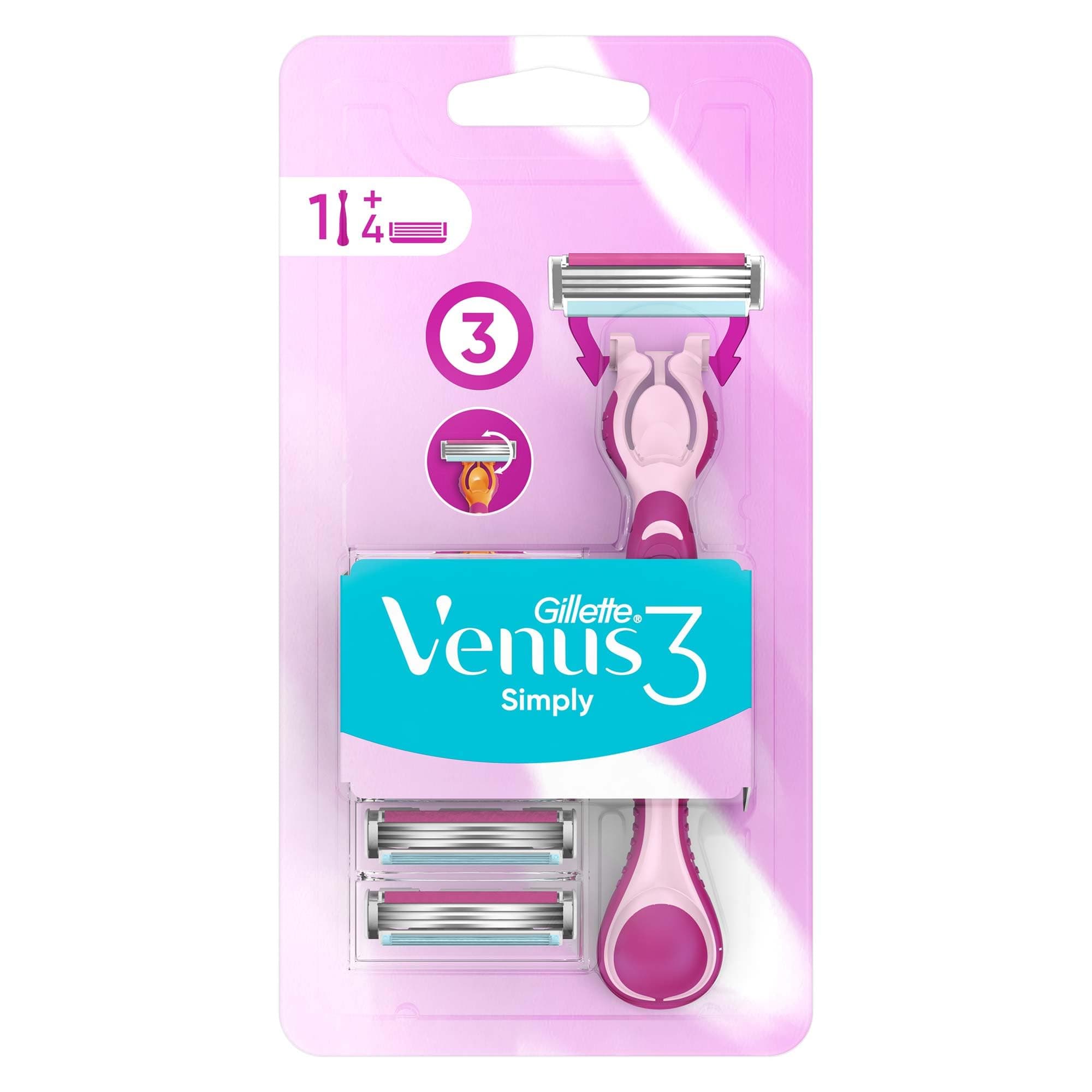Gillette Venus 3In1 Refillable Women's Smooth Razor, 1 Handle With 4 Blade Refills