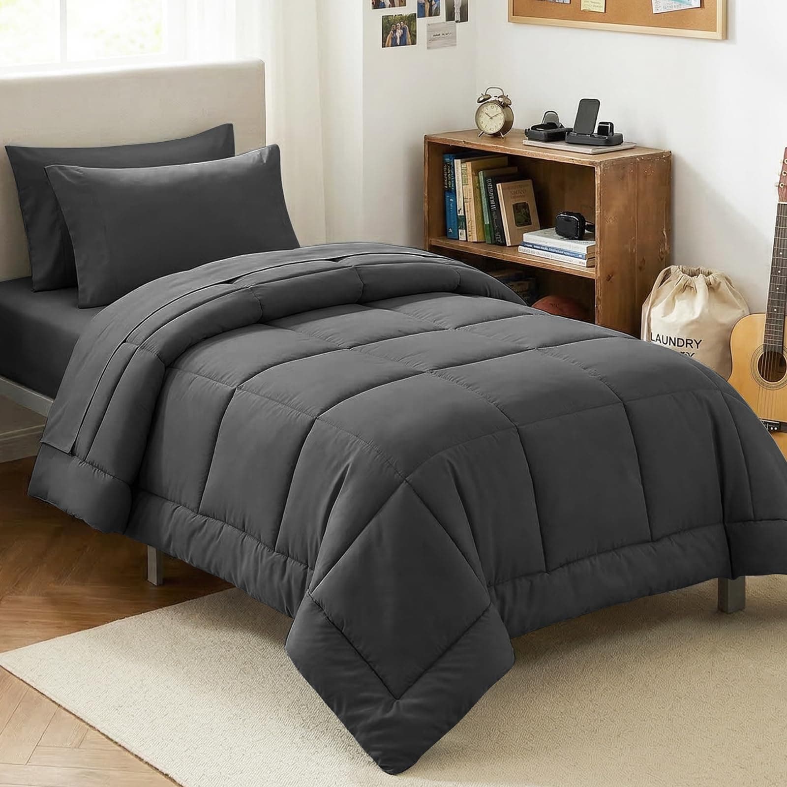 CozyLux Twin Comforter Set with Sheets Dark Grey, 5 Pieces Bed in a Bag, Dark Gray Comforter Twin Size, All Season Bedding Set with Stitch Quilted Comforter, Flat Sheet, Fitted Sheet, Pillowcases