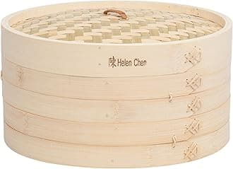 Bamboo Food Steamer with Lid - 100% Natural Bamboo - Basket Steamers for Cooking Dumplings, Dim Sum, Veggies, Fish, Meat - Preserve Nutrients & Flavors - 12-Inch