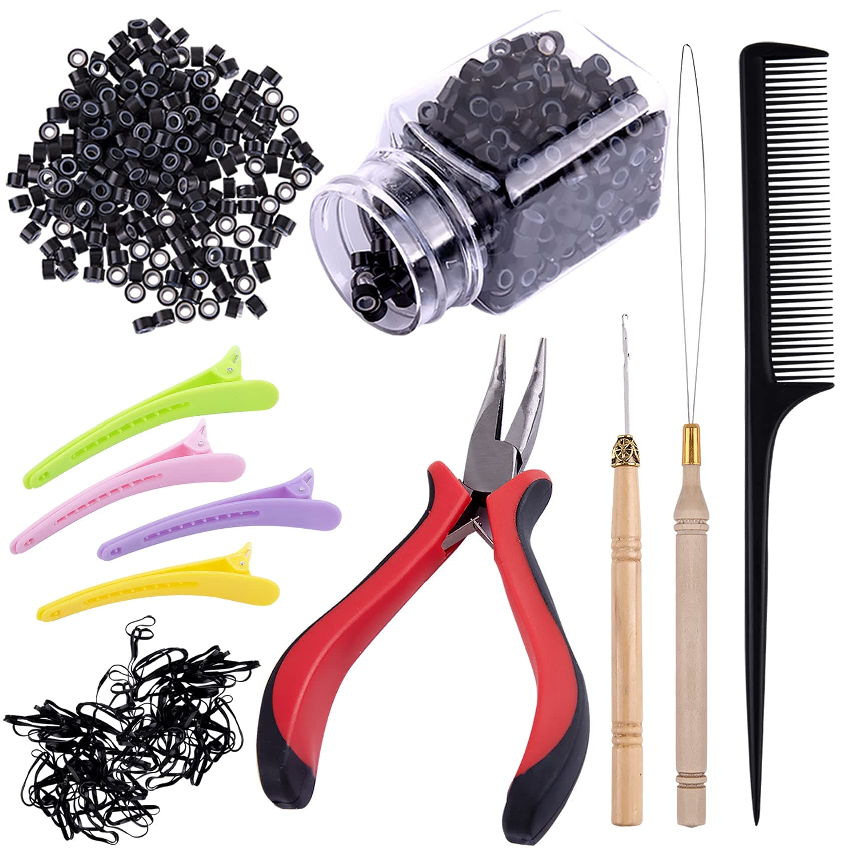 Duufin Hair Extensions Kit 500 Pcs Black Micro Ring Beads 1 Hair Extension Plier 2 Hook Needle Pulling Loop 4 Plastic Alligator Hair Clips 1 Comb and 2 Bags Black Mini Rubber Hair Elastic