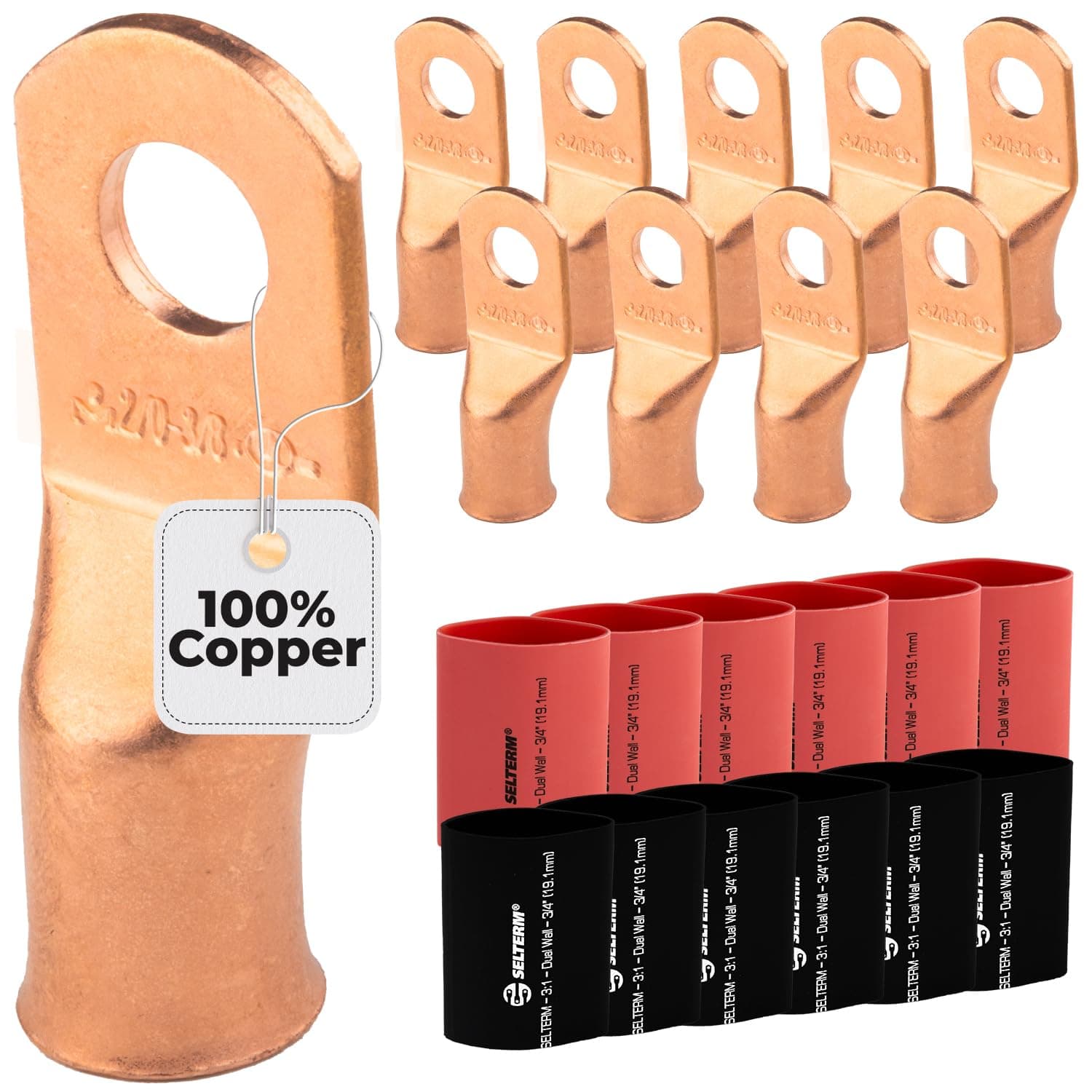 10pcs - 2/0 Awg - 3/8" Stud - Battery Lugs - Ring Terminal Connectors | with 12pcs 3:1 Black & Red Heat Shrink Tubing with Adhesive | Heavy Duty Battery Cable Ends - Bare Copper Wire Lugs Kit