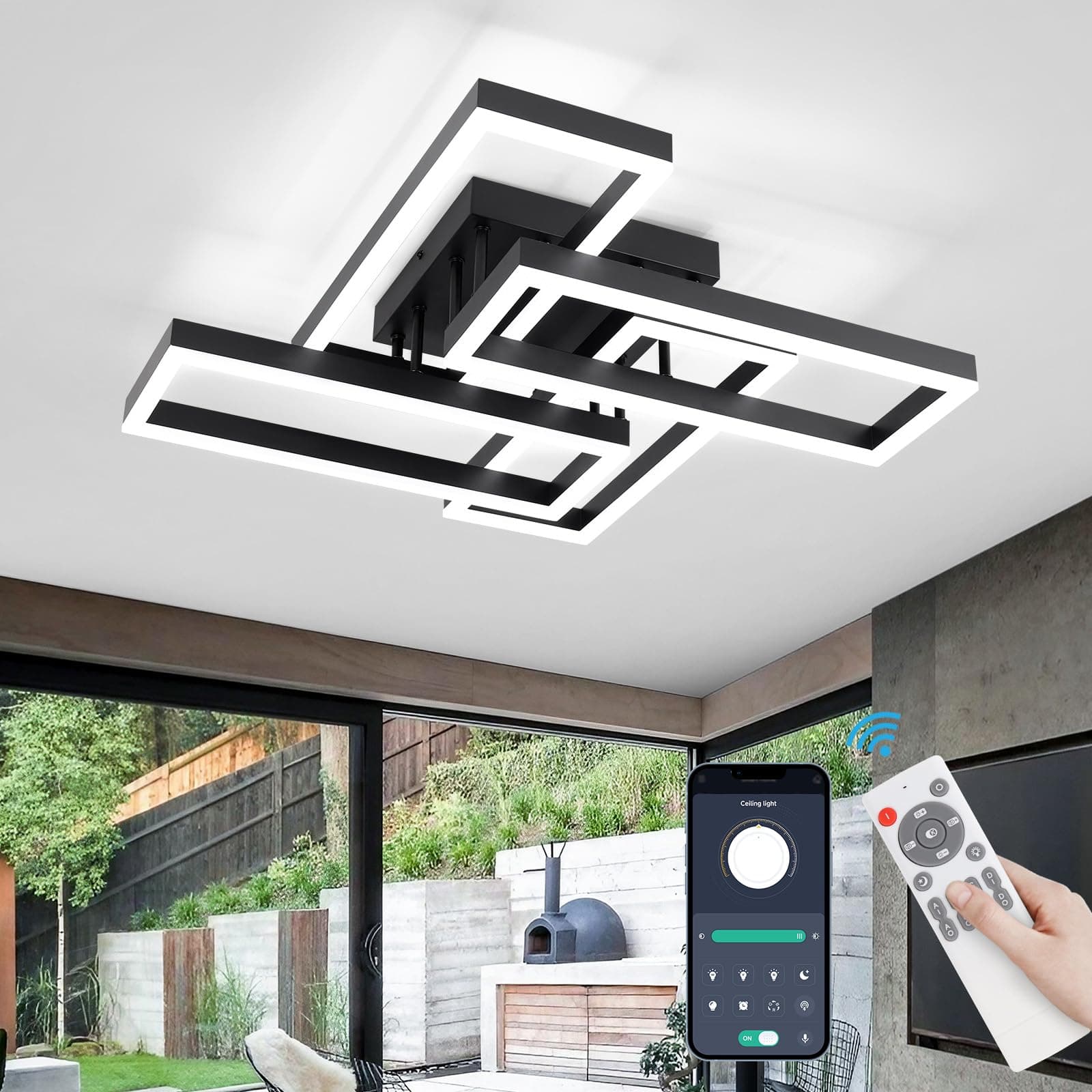 Modern Led Ceiling Light for Living Room,Black Flush Mount Ceiling Lights with Remote Control&APP,3000-6500K Dimmable, 54W Acrylic Ceiling Lamp for Bedroom Kitchen Dining Room