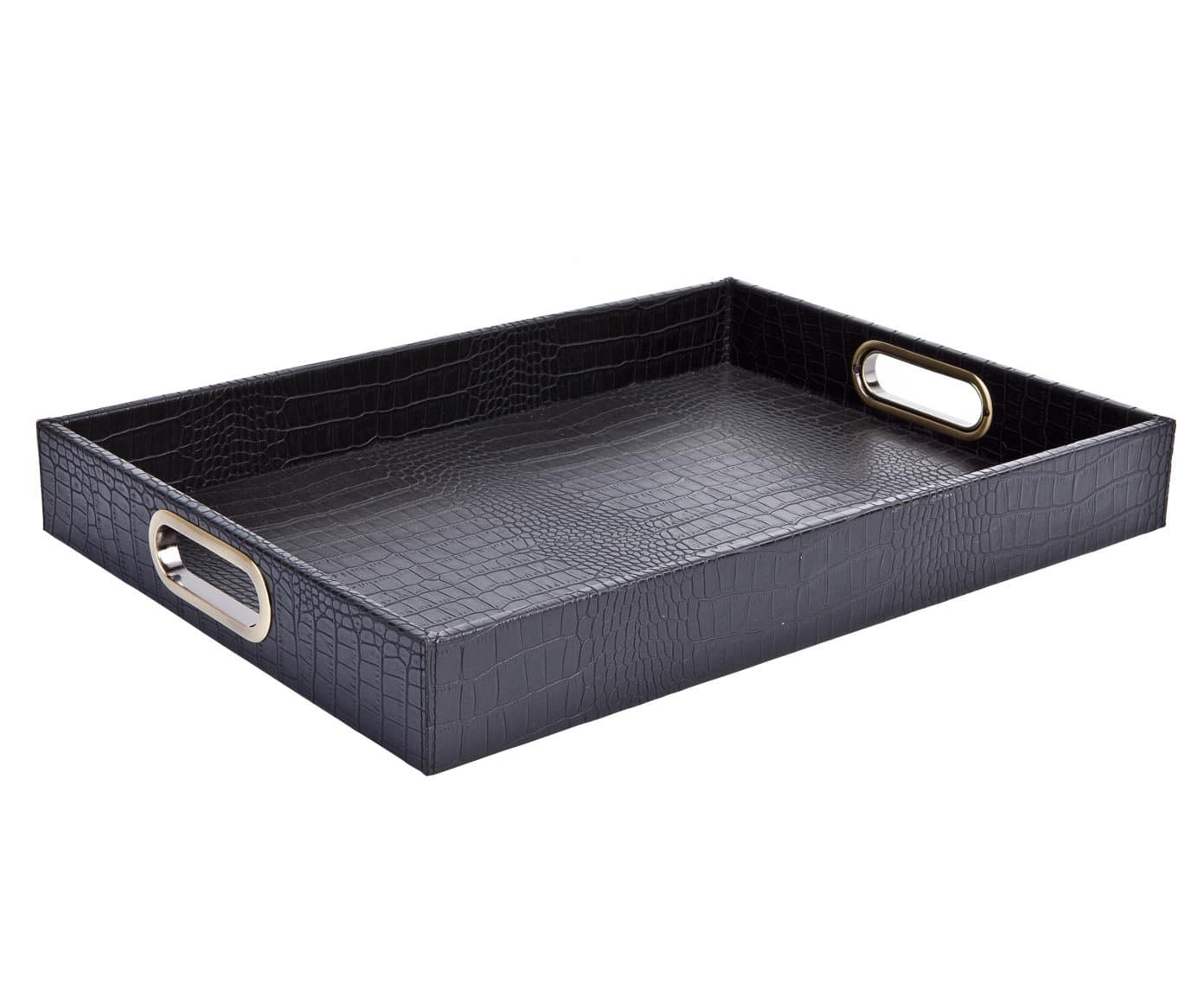 SIGNATURE HOME COLLECTIONAP-147-A03-M Rectangular Tray Leather Crocodile Print with Brass Handles Can be Wiped Height 6 cm 45 x 33 cm Black