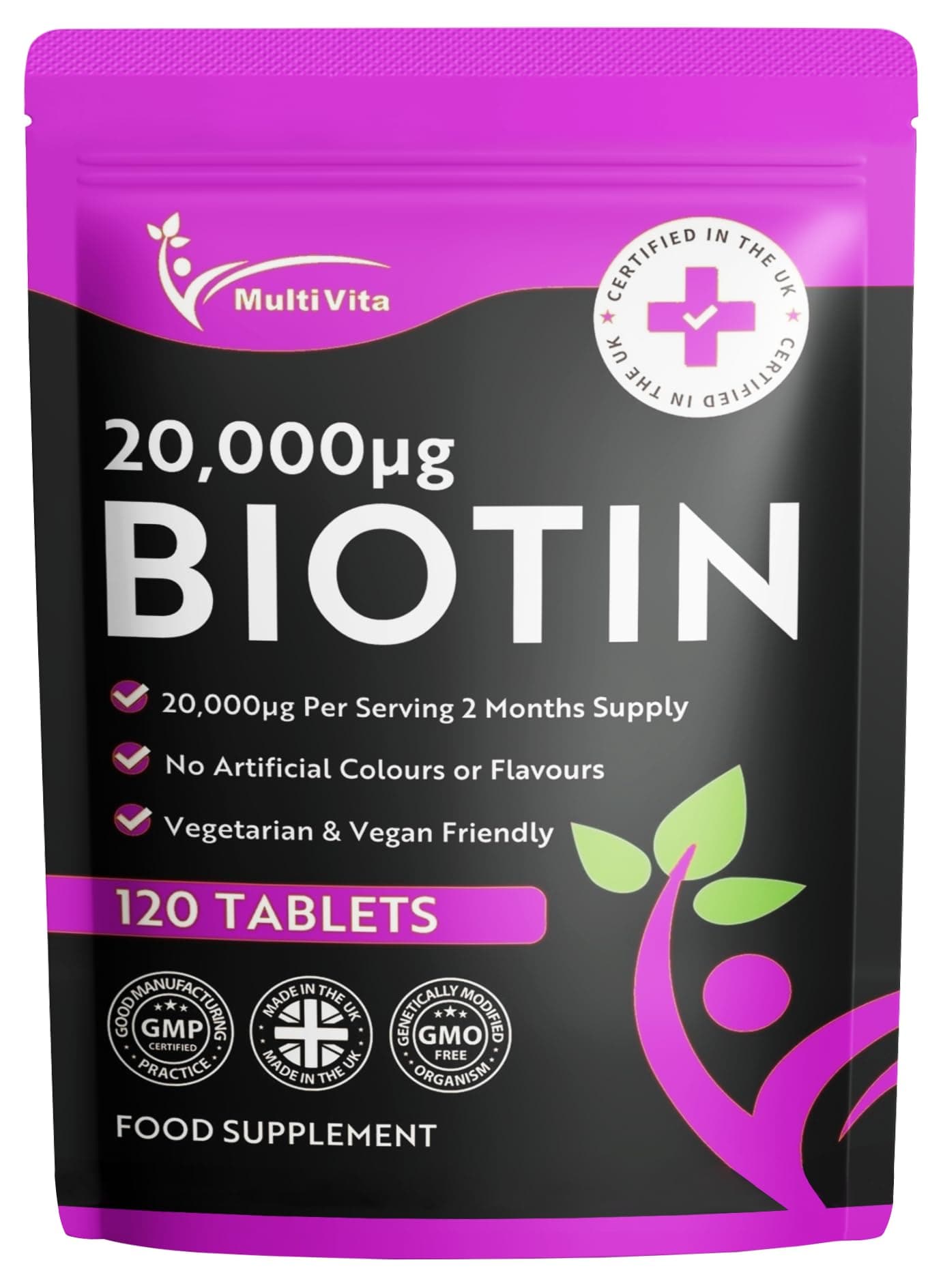 Biotin 20000 mcg Per Serving – 120 Vegan Tablets 2 Per Day not Capsules or Gummies – High Strength Biotin Supplement for Healthy Hair Growth, Skin & Nails – UK Made Vitamin B7 Tablets