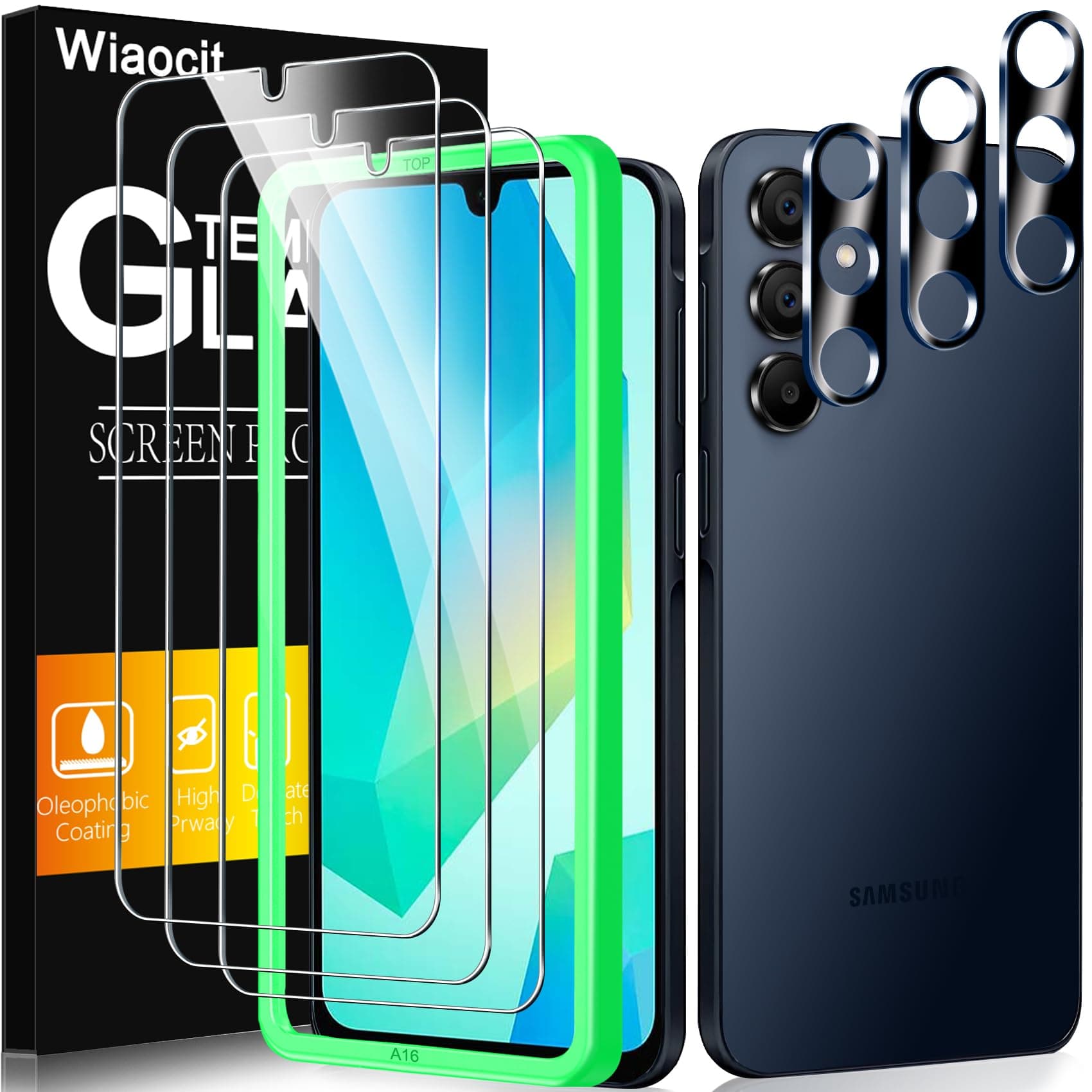 3 Pack Tempered Glass Screen Protector for Samsung Galaxy A16 5G with 3 Pack Camera Lens Protector, 9H Hardness, Bubble Free, Case Friendly