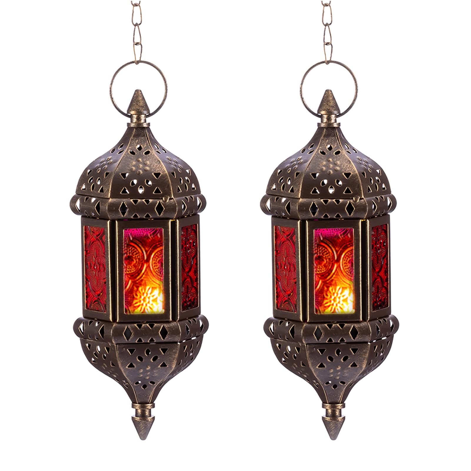 Nuptio Moroccan Candle Lantern 2 Pcs Hanging Tea Light Candle Holders Metal & Glass Ramadan Lamp Brown Decorative Lanterns for Candles for Living Room Balcony Patio Halloween Christmas Decorations