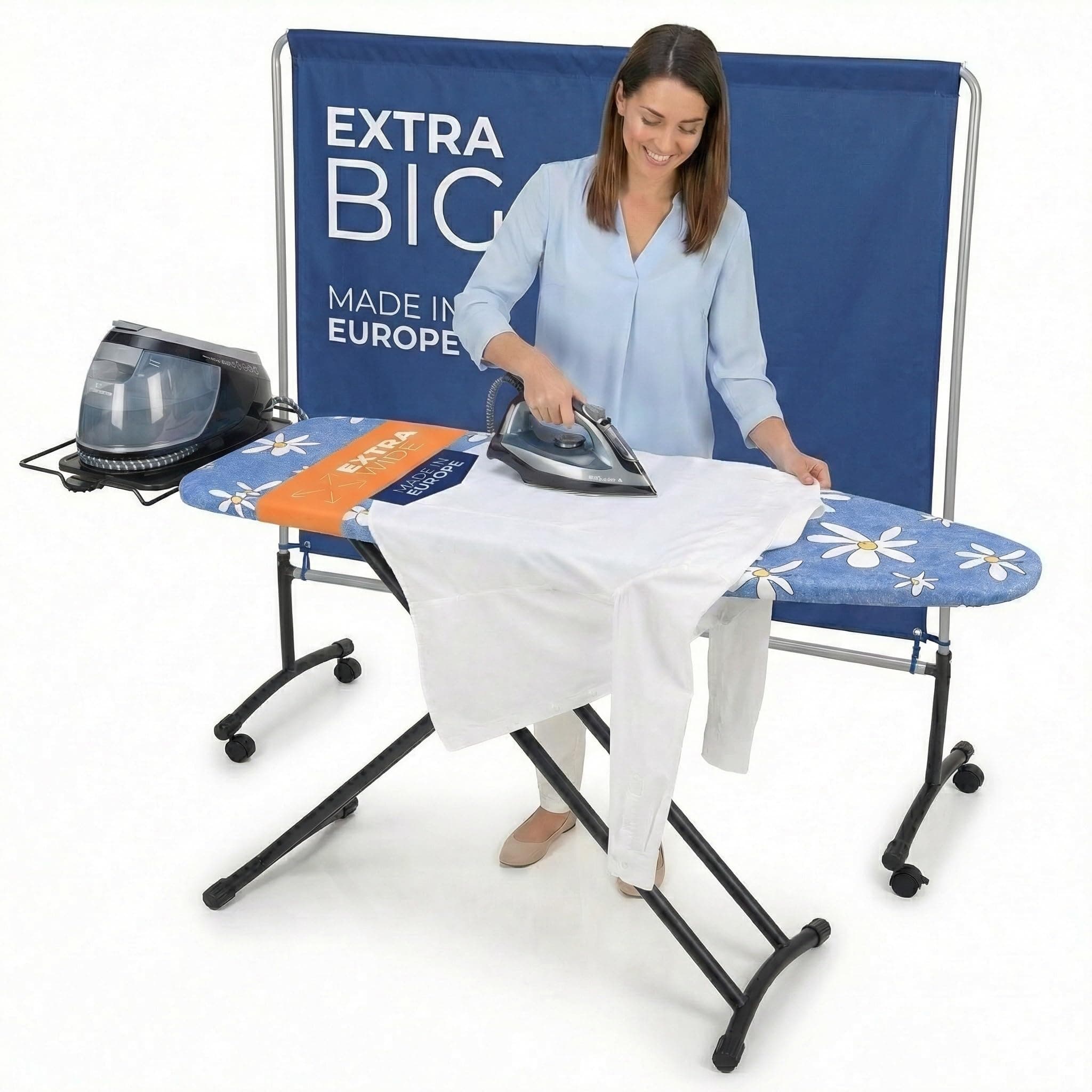 Ironing board Large Extra Wide - Foldable, Strong and Stable - for Steam Ironing Stations - Size D - 130 x 50cm