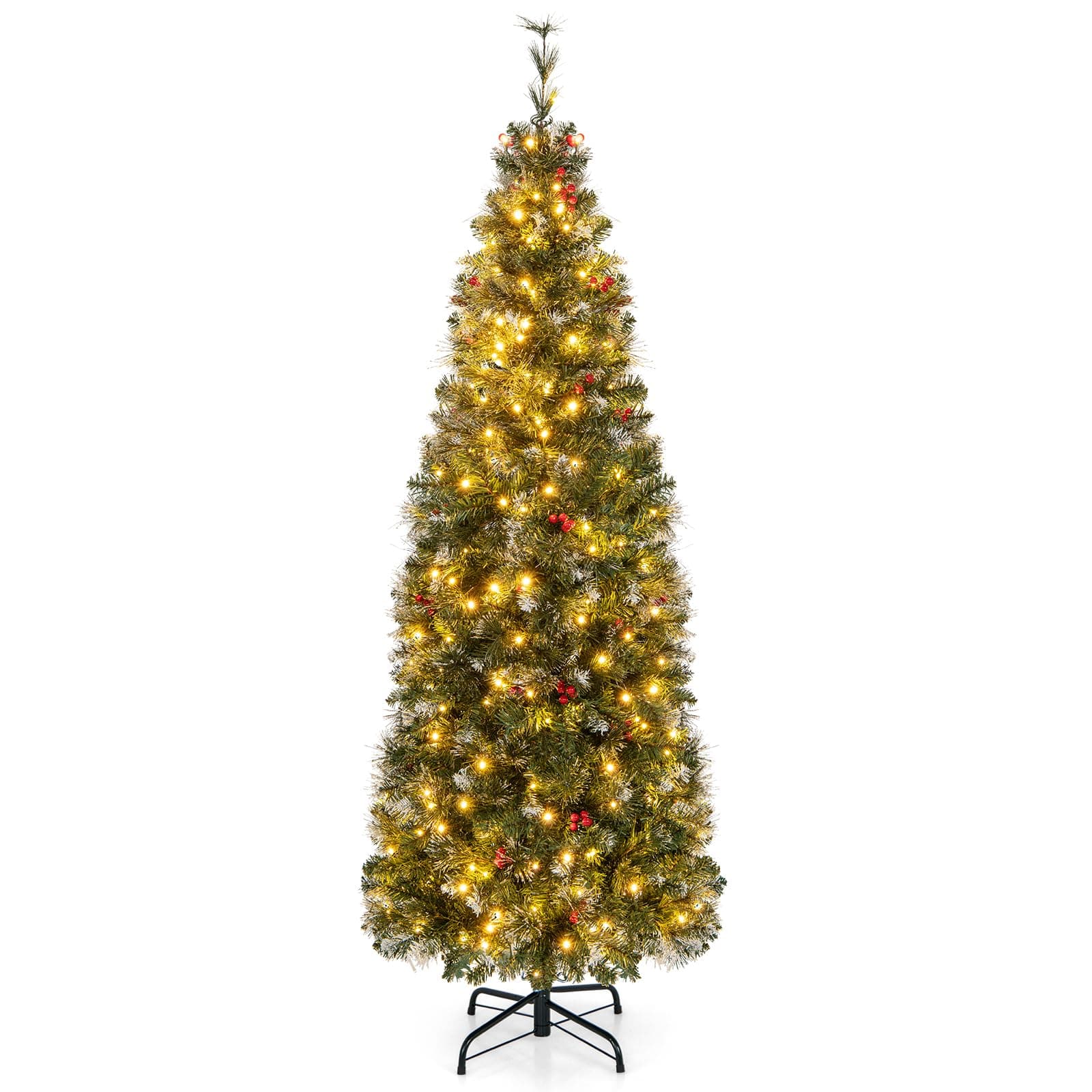 Goplus 6ft Pre-Lit Pencil Christmas Tree, Artificial Hinged Slim Xmas Tree with 250 Warm-White LED Lights, 618 Branch Tips, Pine Needles, Silver Glitter, Red Berries, for Office Home Decor