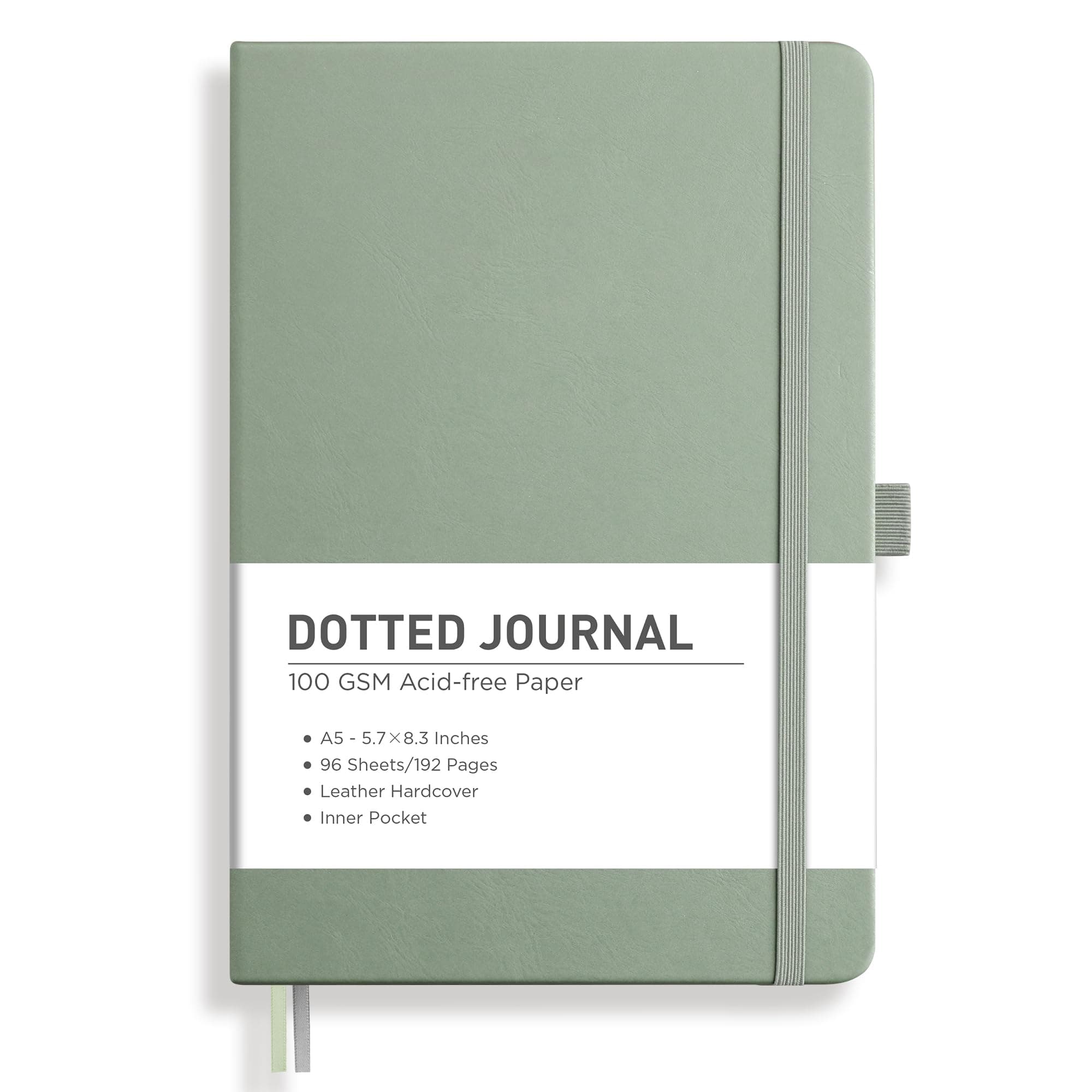 RETTACY Dotted Journal Notebook, 192 Pages, A5 Medium Size (5.7'' x 8.3''), Leather Hardcover, 100 GSM Thick Paper, for Journaling, Planning, Tracking (Sage Green)