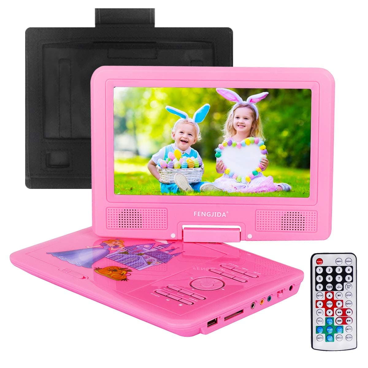 9.5'' Portable DVD Player with Headrest Mount Holder, Built-in Rechargeable Battery, 270°Swivel Screen, 5.9 ft Car Charger SD Card Slot and USB Port - Pink