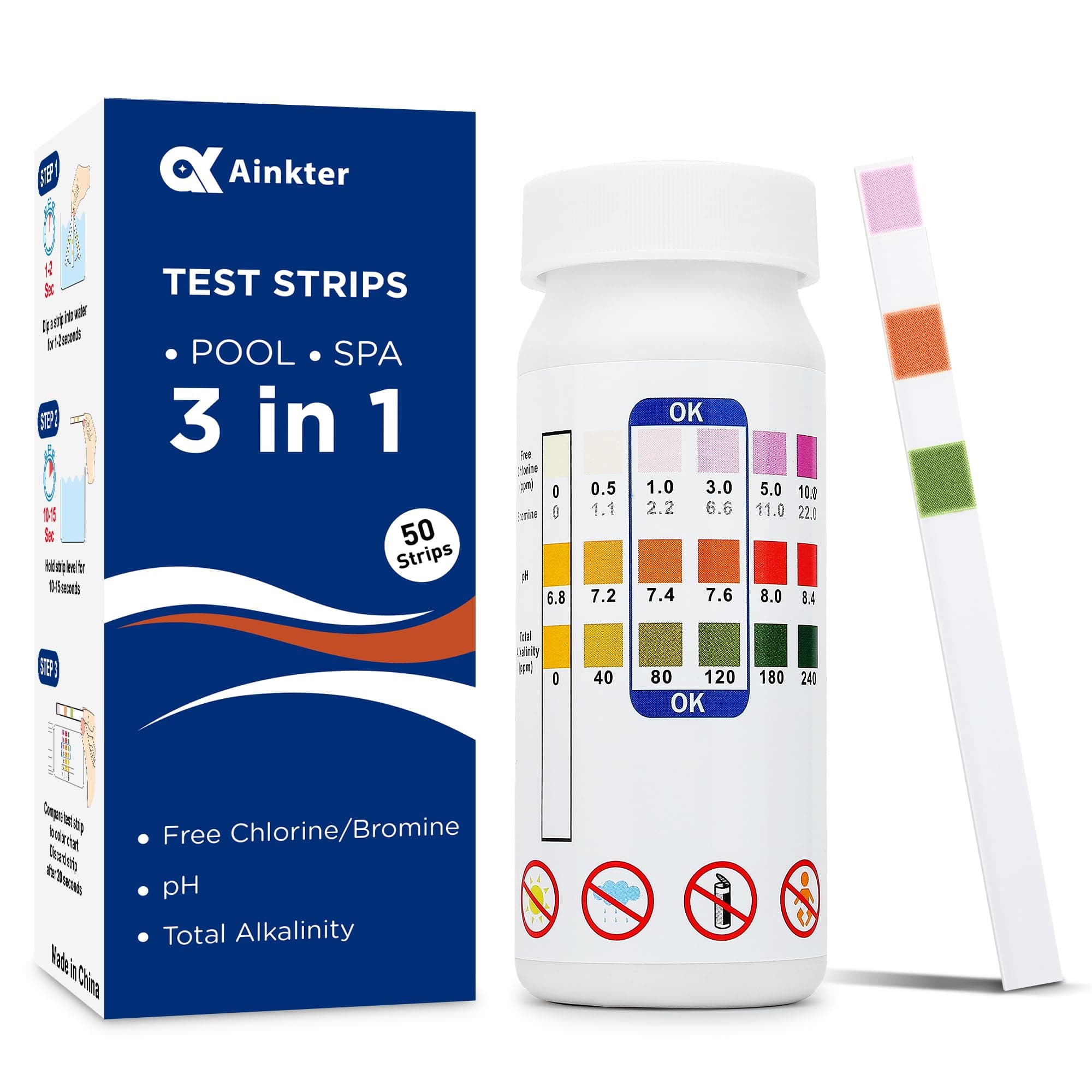 Pool Test Strips - 3-in-1 Pool Water Testing Kit for Chlorine/Bromine, pH, Alkalinity - Easy and Accurate Hot Tub Test Strips for Swimming Pools & Spas - 50 Strips