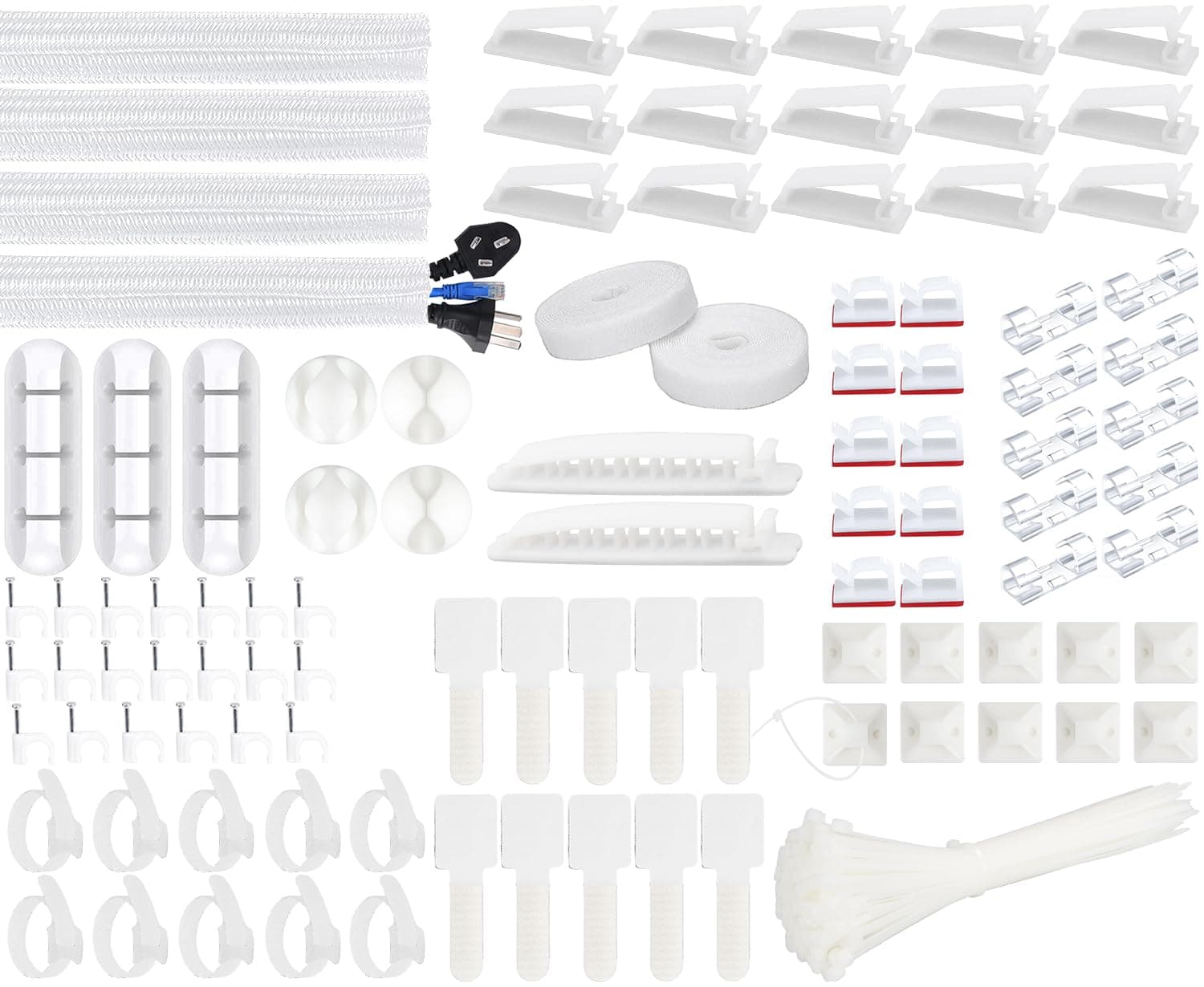 SOULWIT Cable Management Kit,4 Cable Sleeves,37 Cable Clips,7 Cable Holders,10 Zip Tie Mounts,20 Cable Clip Nails,100 Cable Fastening Ties,20+2 Roll Cable Straps for TV PC Computer