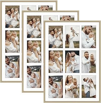 Golden State Art, 4x6 Aluminum Collage Frame, Display 6x4 Pictures With 9 Openings Mat or One 13.6x19.7 Photo, Real Glass, Portrait/Landscape Wall Display, Gold, 3 Pack