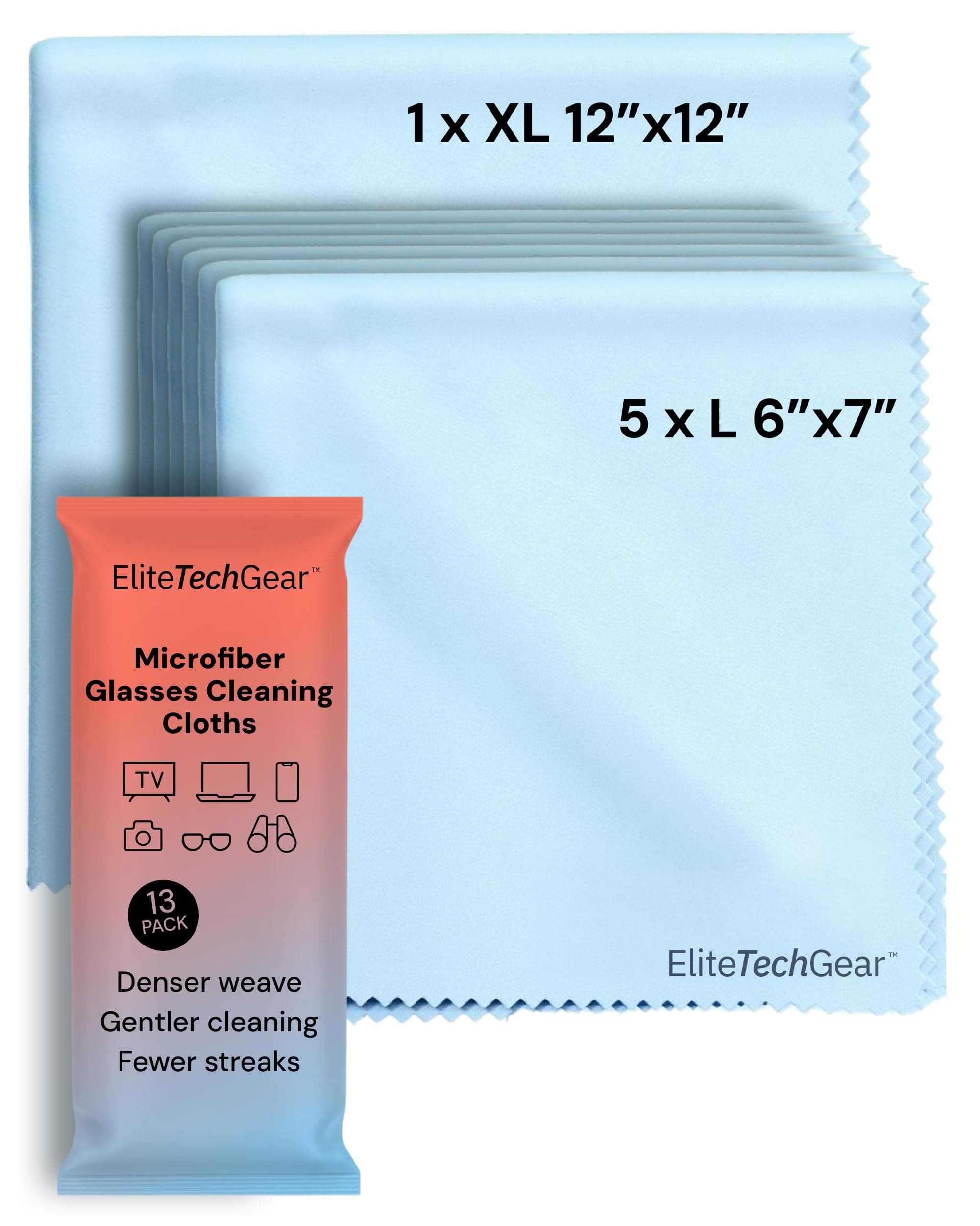 Elite Screens 6-Pack Microfiber Cleaning Cloths - 5-pc 6"×7" & 1-pc 12"×12", Light Blue - Streak-Free Glasses Wipes - Travel-Ready Eyeglass Cleaning Wipes - Oversized Reusable Lens Care Cloths
