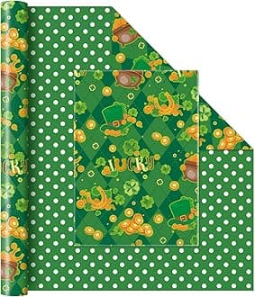 WERNNSAI Green Shamrock Gift Wrapping Paper Roll - 1 Roll 17”x 33 ft Wrapping Paper for Kids, Green Shamrock Wrapping Paper with Gold Coins Pattern, Baby Boy Party Decor Favors