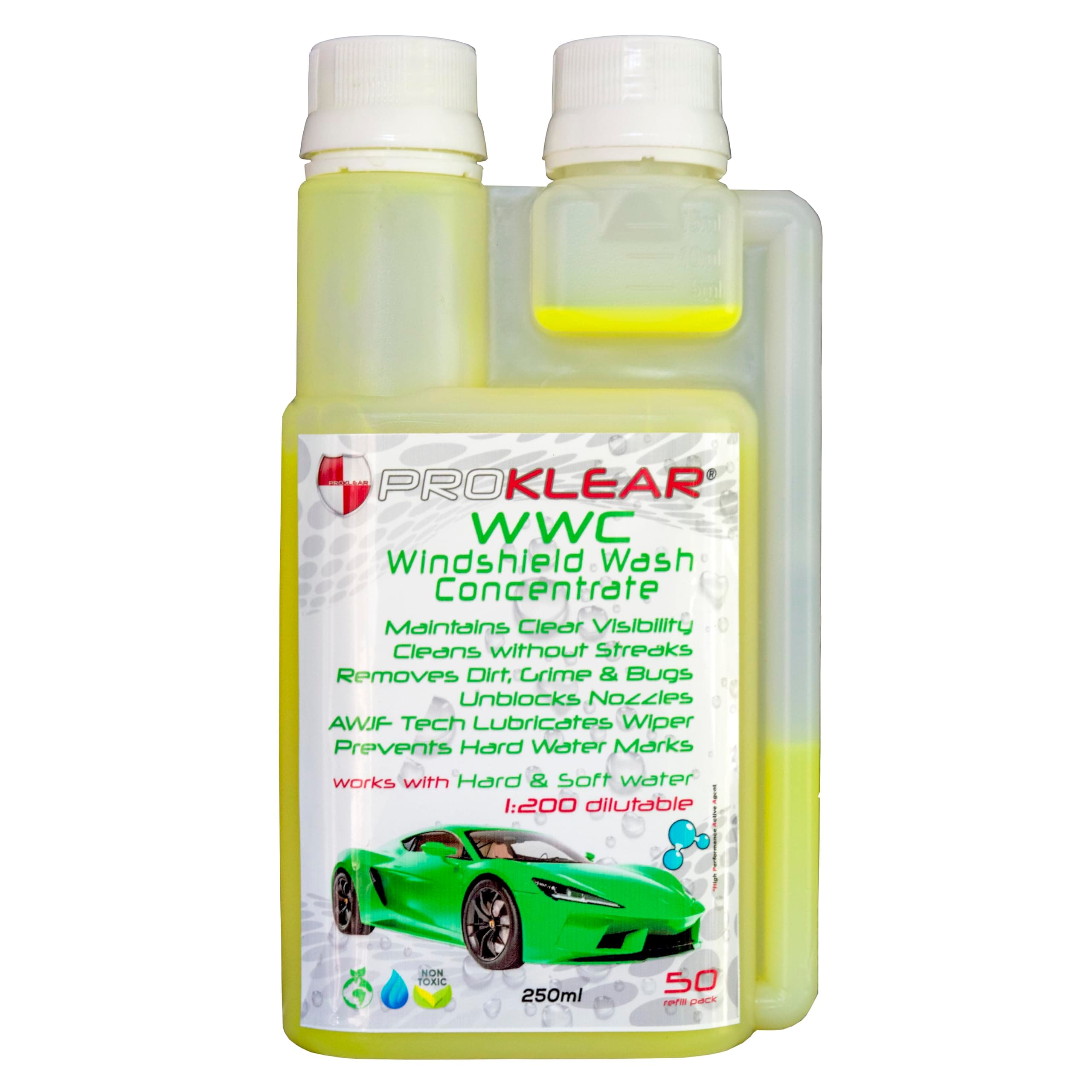 PROKLEAR WWC Windshield Wash Additive Concentrate 250ml -Just add 5ml per Fill - Keeps Windshield Clear & Wipers Lubricated 50 Refills - Anti Wiper Judder Formula