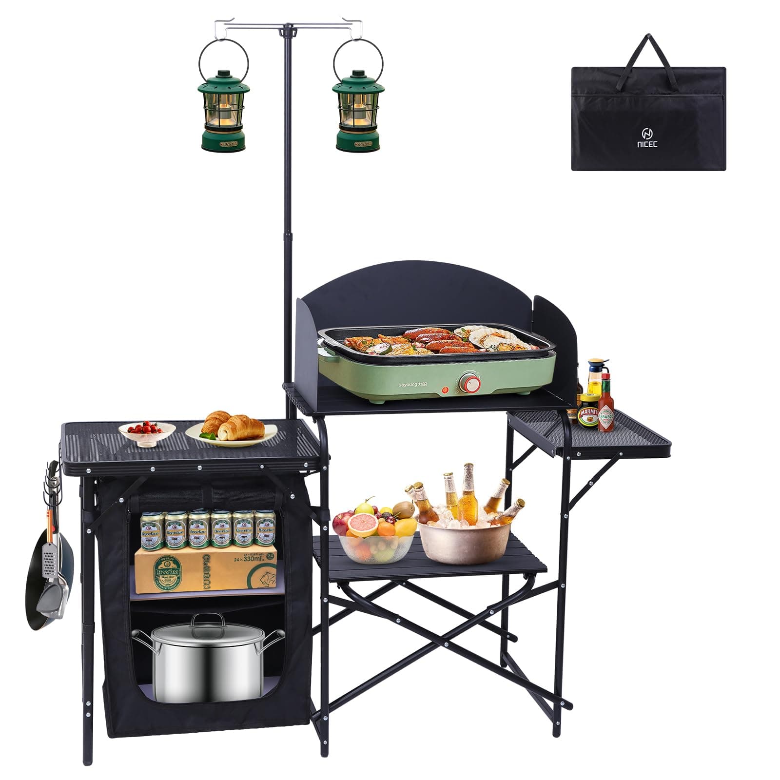 Nice C Camping Kitchen Station, Camping Table, Picnic Table, Portable Grill Table, Folding Cook Table, Upgrade Light Stand and Windshield Station & Organizers, Carry Bag for Beach, Picnic (Black)
