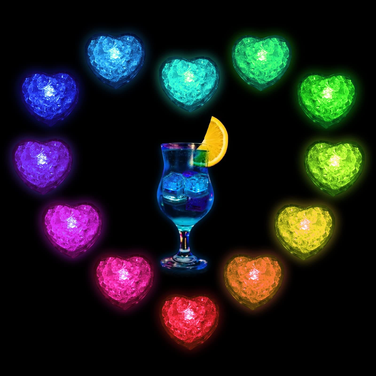 Light Up Ice Cubes, 12 Pack Large Heart Led Ice Cubes for Drinks with Changing Lights, Multicolor Reusable Glowing Flashing Ice Cube for Club Bar Party Wedding Decor
