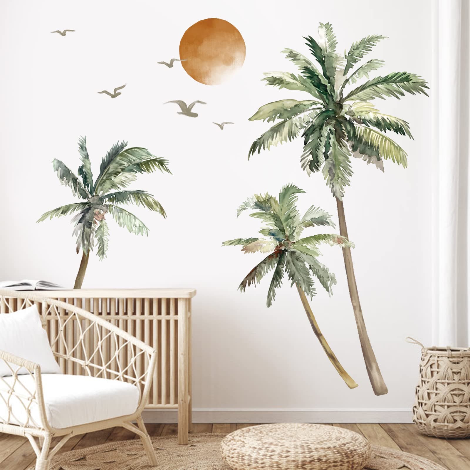 wondever Boho Palm Tree Wall Stickers Large Tropical Tree Sunset Peel and Stick Wall Art Decals for Living Room Bedroom TV Background(H: 162cm)