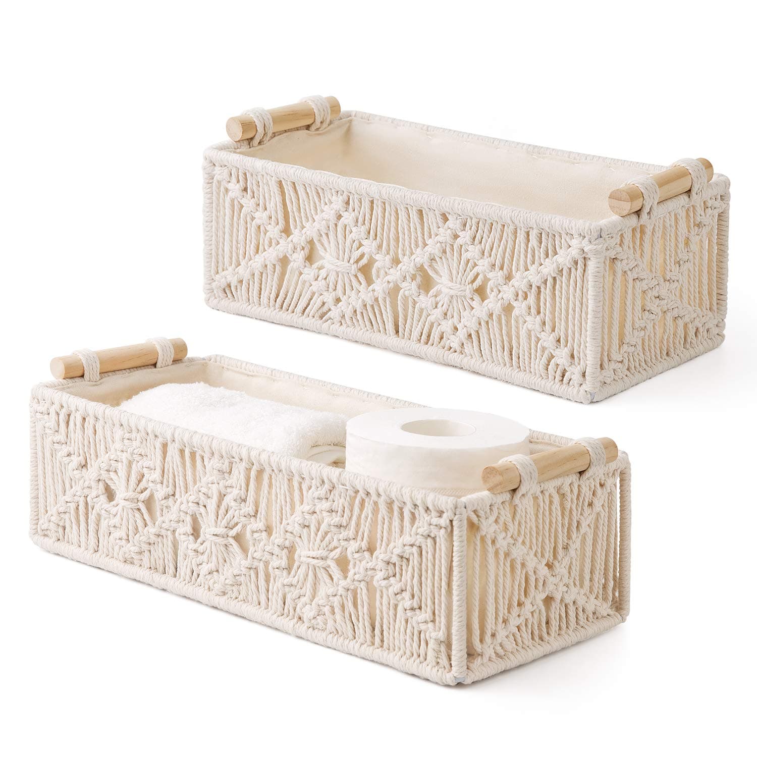 Mkono Macrame Storage Baskets Decor Box Handmade Woven Decorative Countertop Toilet Tank Shelf Cabinet Organizer Boho Decor for Bedroom Nursery Livingroom, Set of 2