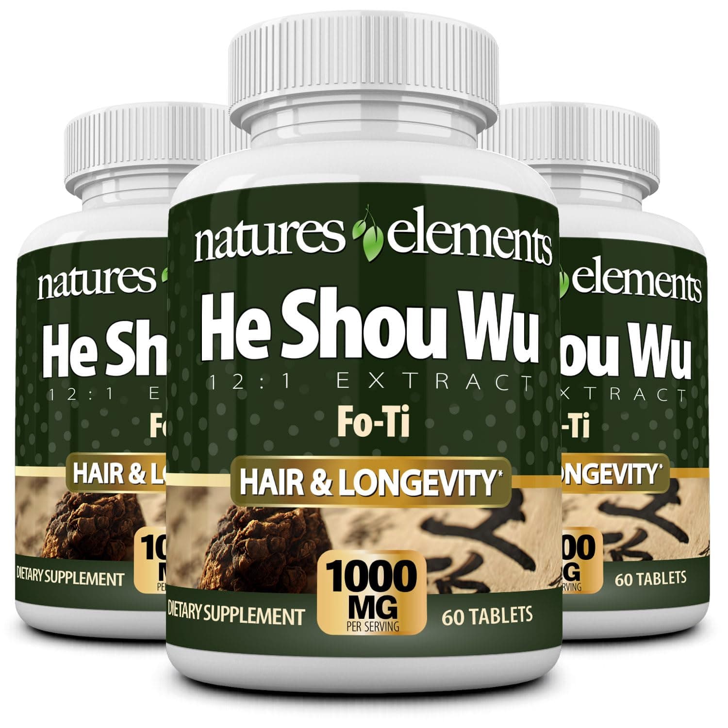 He Shou Wu – 3 Pack – 12:1 High-Potency Prepared Fo-Ti Root Extract – 1000mg per Serving – 180 Tablets – Traditional Chinese Herb for Hair Growth & Gray Hair – Non-GMO, Gluten-Free