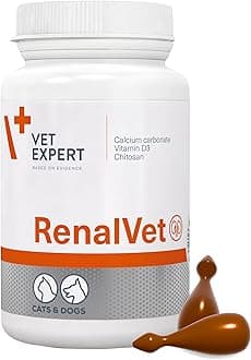 Vet Expert RenalVet for Dogs and Cats – Phosphate Binder and Kidney Support Supplement with Calcium Carbonate, Chitosan, and Vitamin D3 for Chronic Renal Failure (60 Twist-Off Capsules)