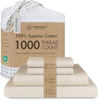 Threadmill Supima Cotton Sheets, 1000 Thread Count Soft 100% Cotton Sheets for Cal King Size Bed, 4 Pc Beige Cal King Bed Sheets Set, 5-Star Hotel Quality, Elasticized Deep Pocket Cal King Sheets