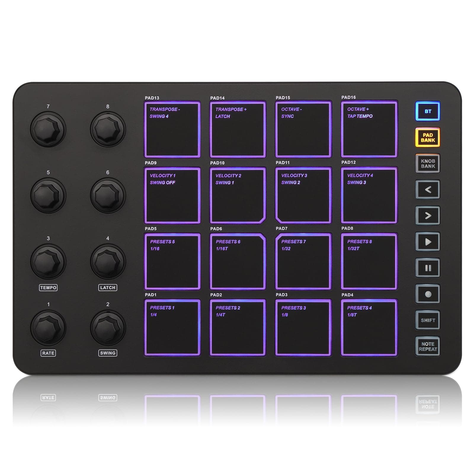 Wireless MIDI Control Pads,Bluetooth Portable USB MIDI with 16 MPC Battery Pads,8 Assignable Knobs,Repeat Notes,Level Buttons,K5