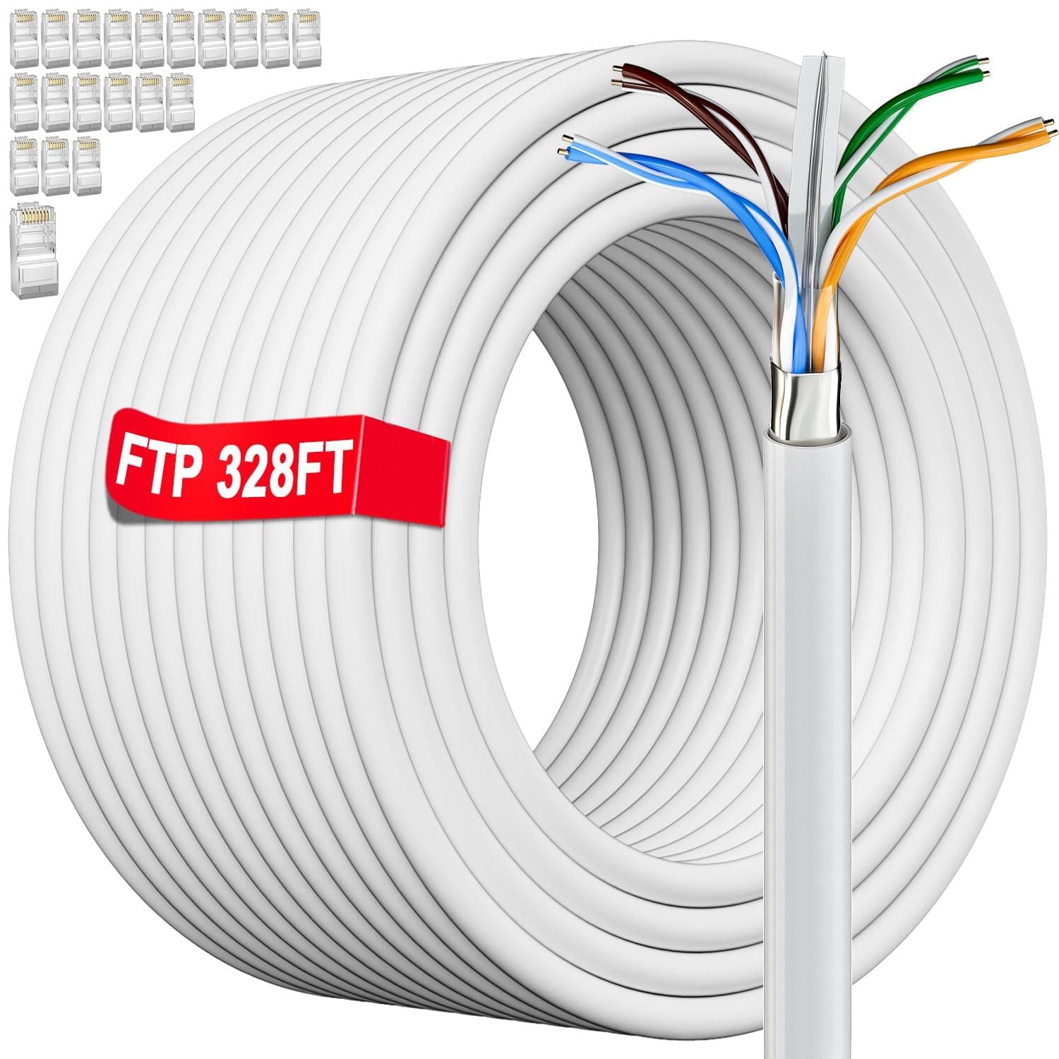 MEIPEK 328 ft/100m Ethernet Network Bulk Cable | FTP 23AWG Shielded Gigabit Anti-Jamming Internet Cable Outdoor Weatherproof Direct Burial | Cat 6, CCA, RJ45 | Colour White (100 Meters)